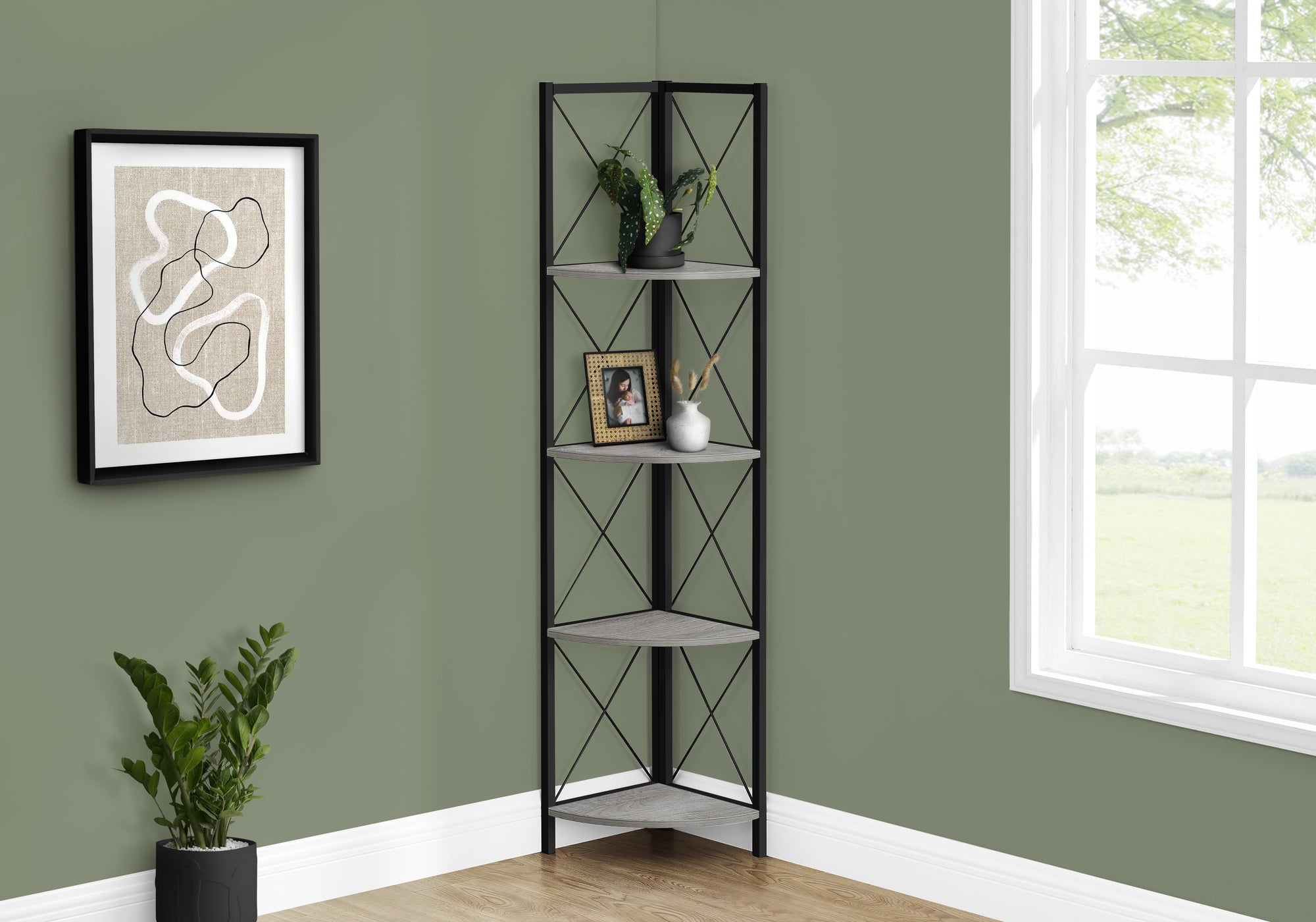 BIBLIOTHEQUE - 60"H / ETAGERE EN COIN GRIS / METAL NOIR