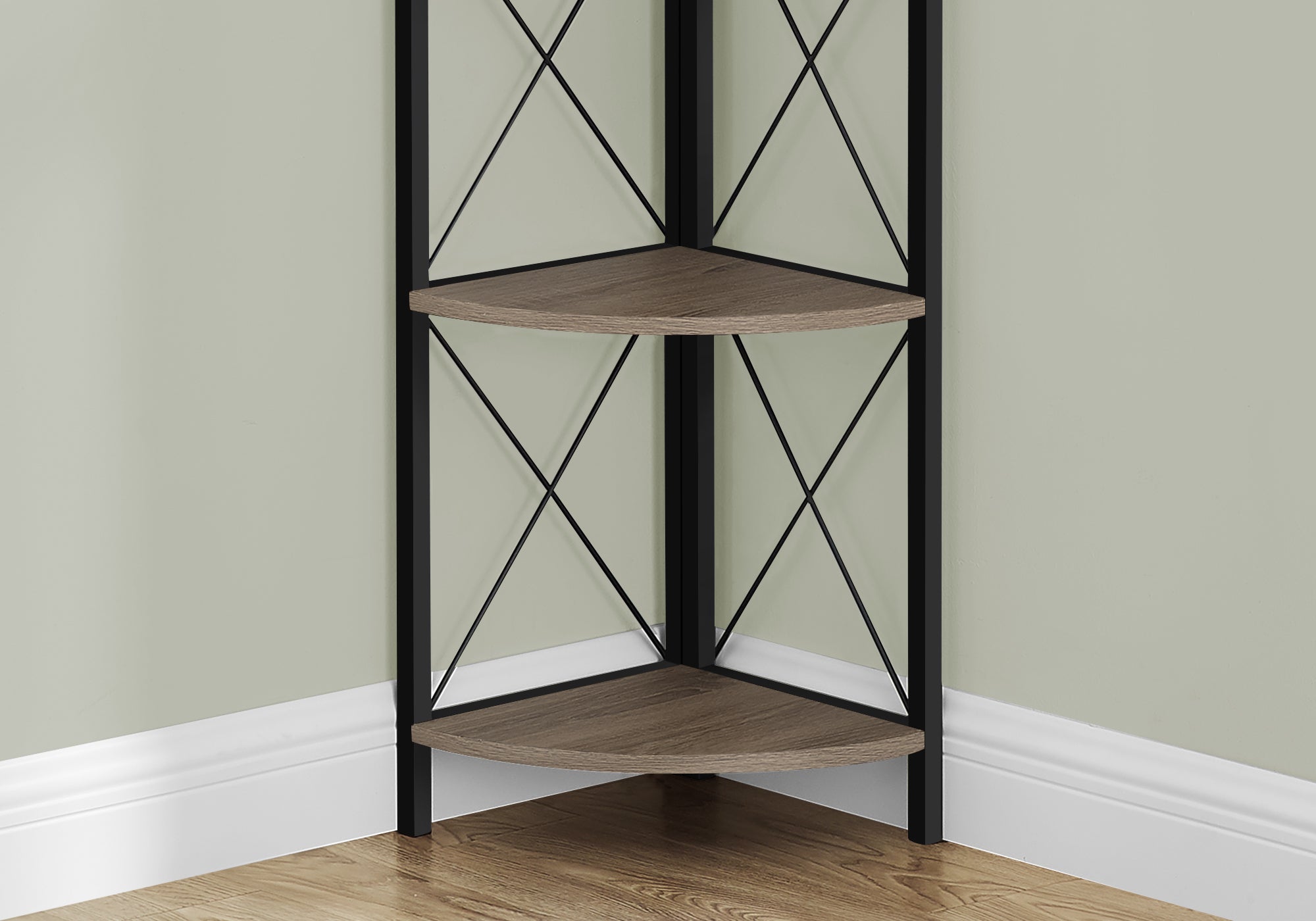 BIBLIOTHÈQUE - 60"H / TAUPE FONCÉ / ÉTAGÈRE EN COIN EN MÉTAL NOIR
