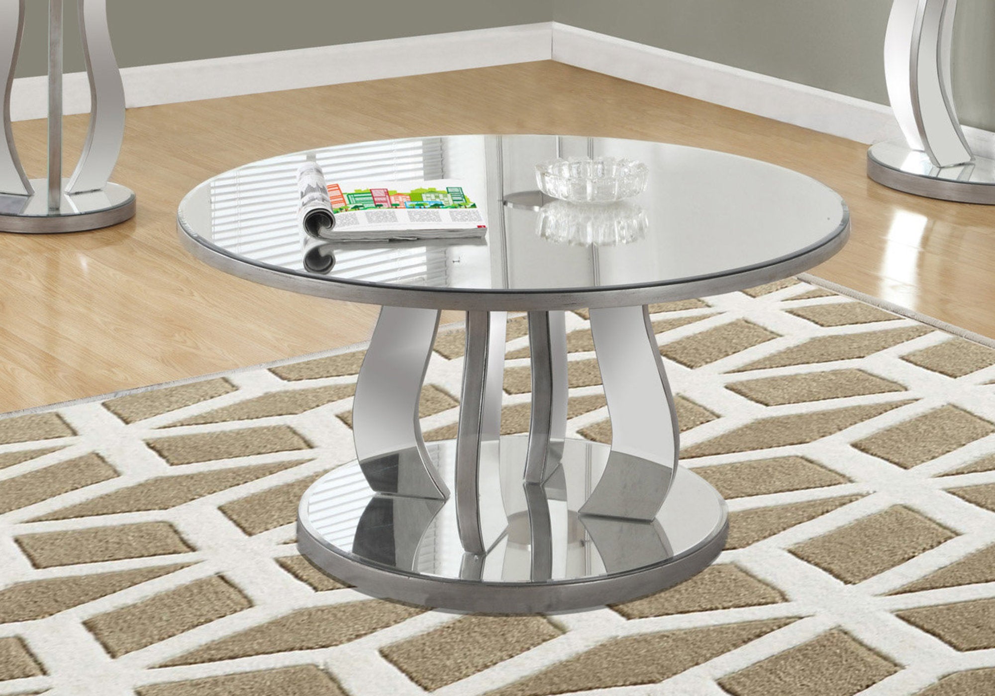 TABLE BASSE - 36"DIA / ARGENT BROSSE / MIROIR 