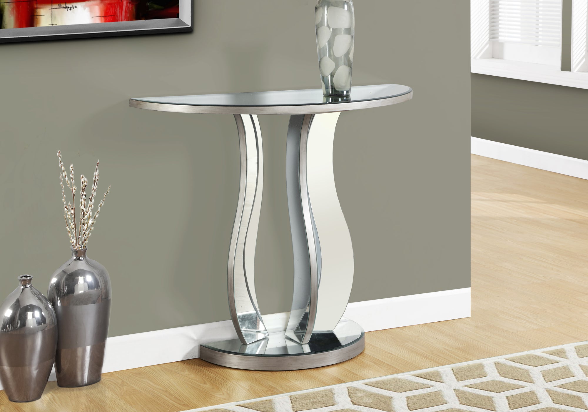 TABLE D'APPOINT - 36"L / ARGENT BROSSÉ / MIROIR 