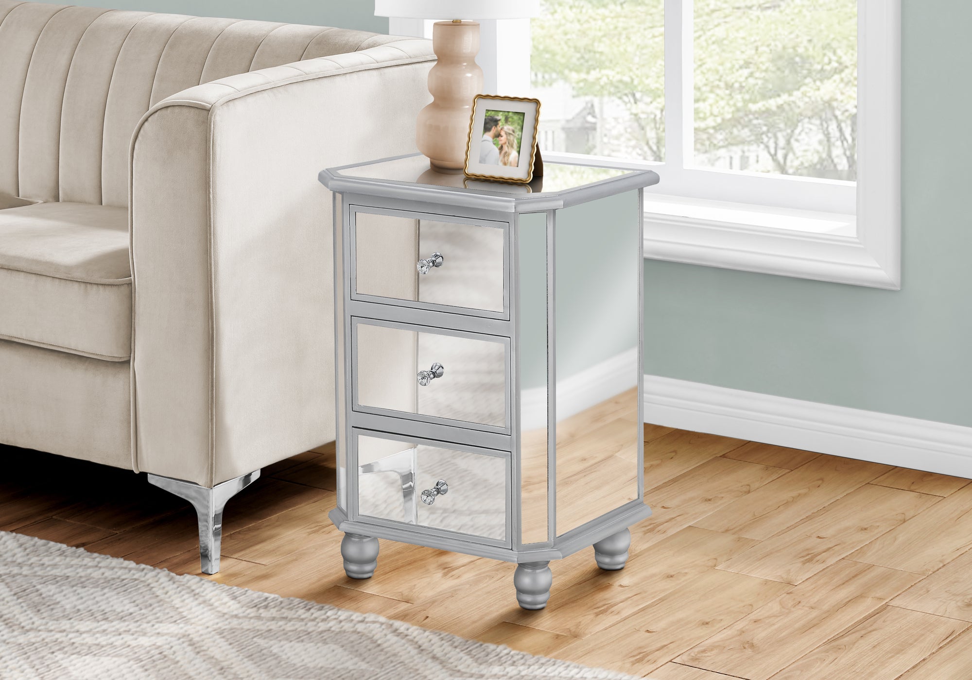 TABLE D'APPOINT - 28"H / MIROIR / ARGENT AVEC RANGEMENT 