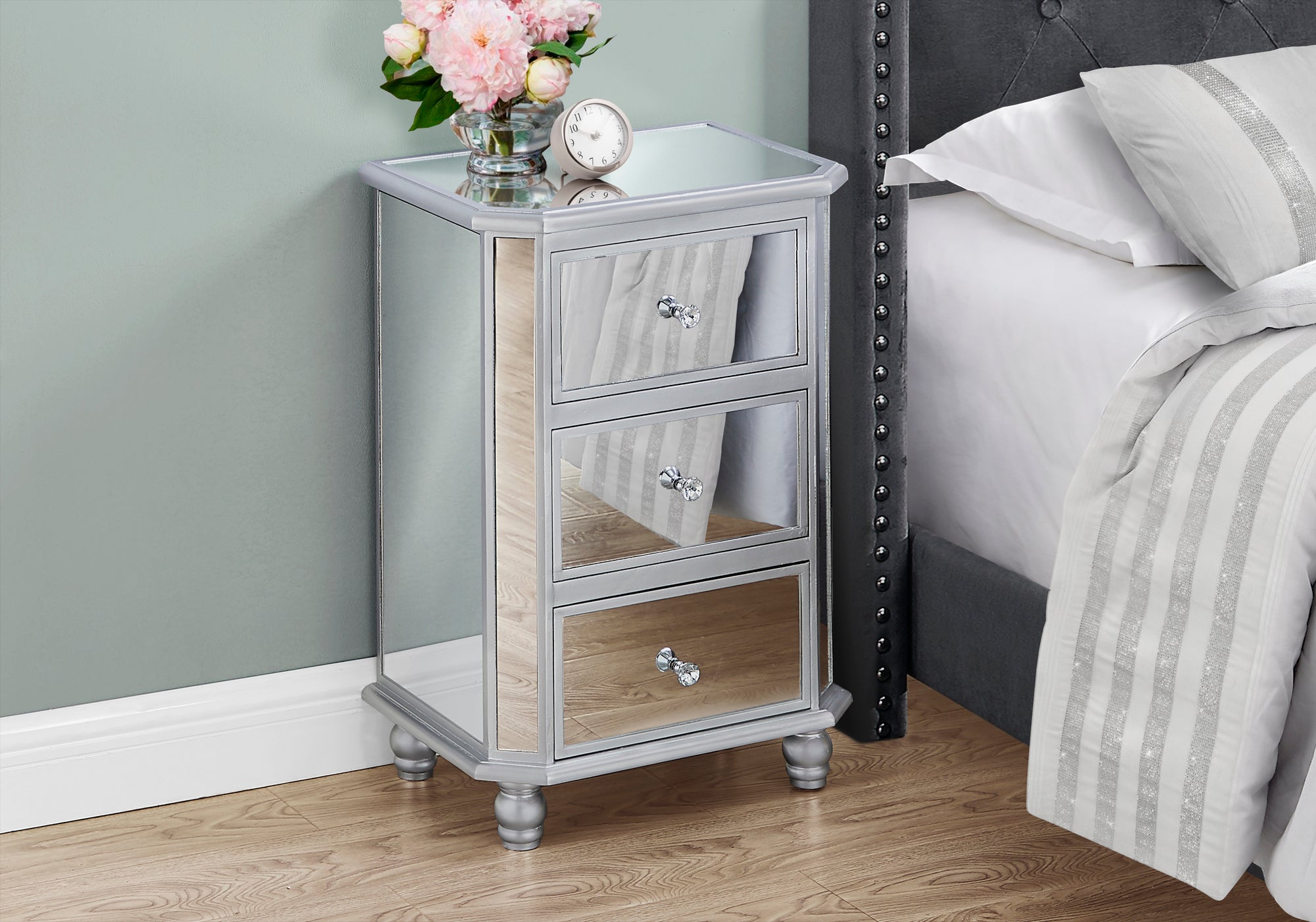 TABLE D'APPOINT - 28"H / MIROIR / ARGENT AVEC RANGEMENT 