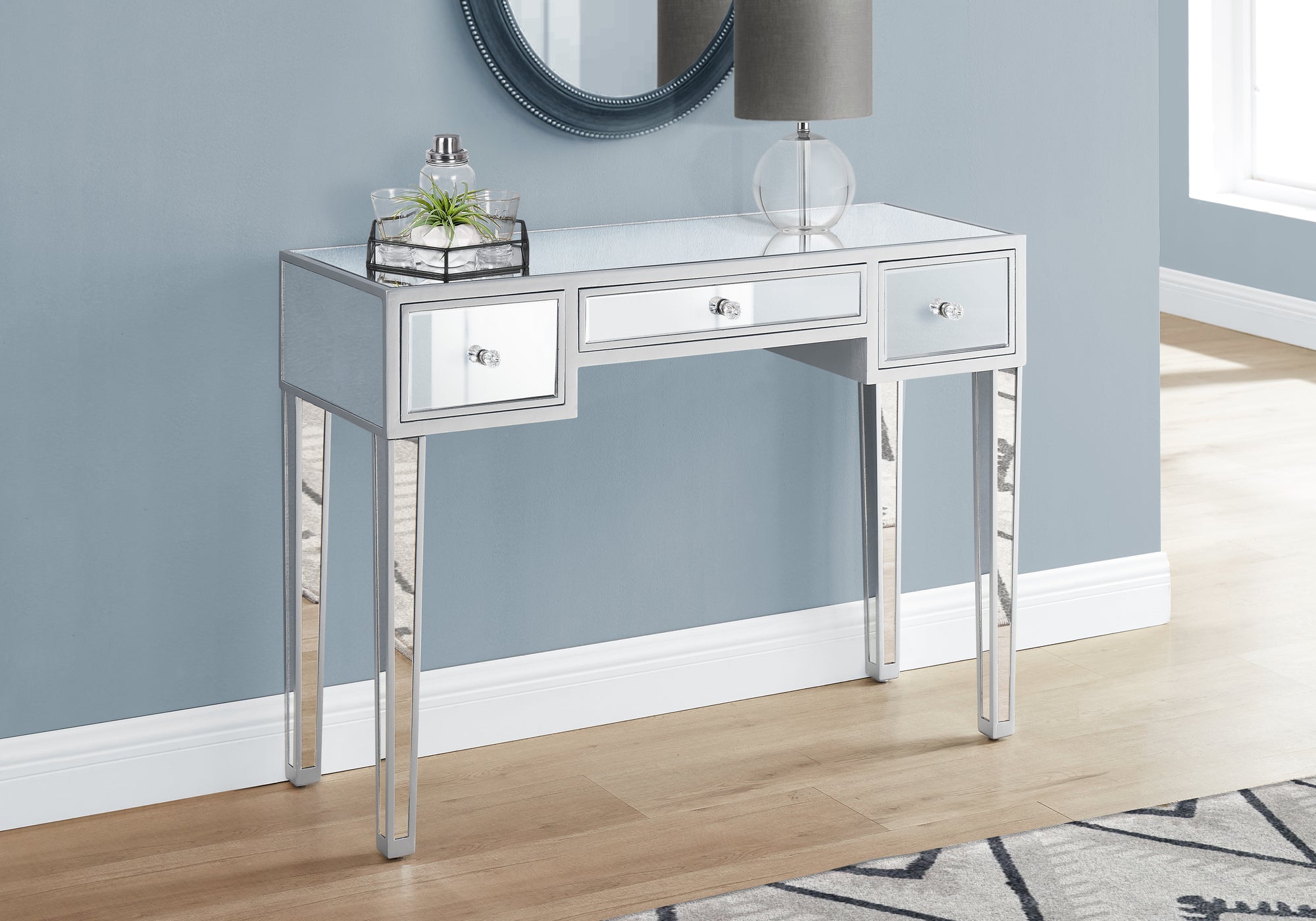 TABLE D'APPOINT - 42"L / MIROIR / ARGENT AVEC RANGEMENT 