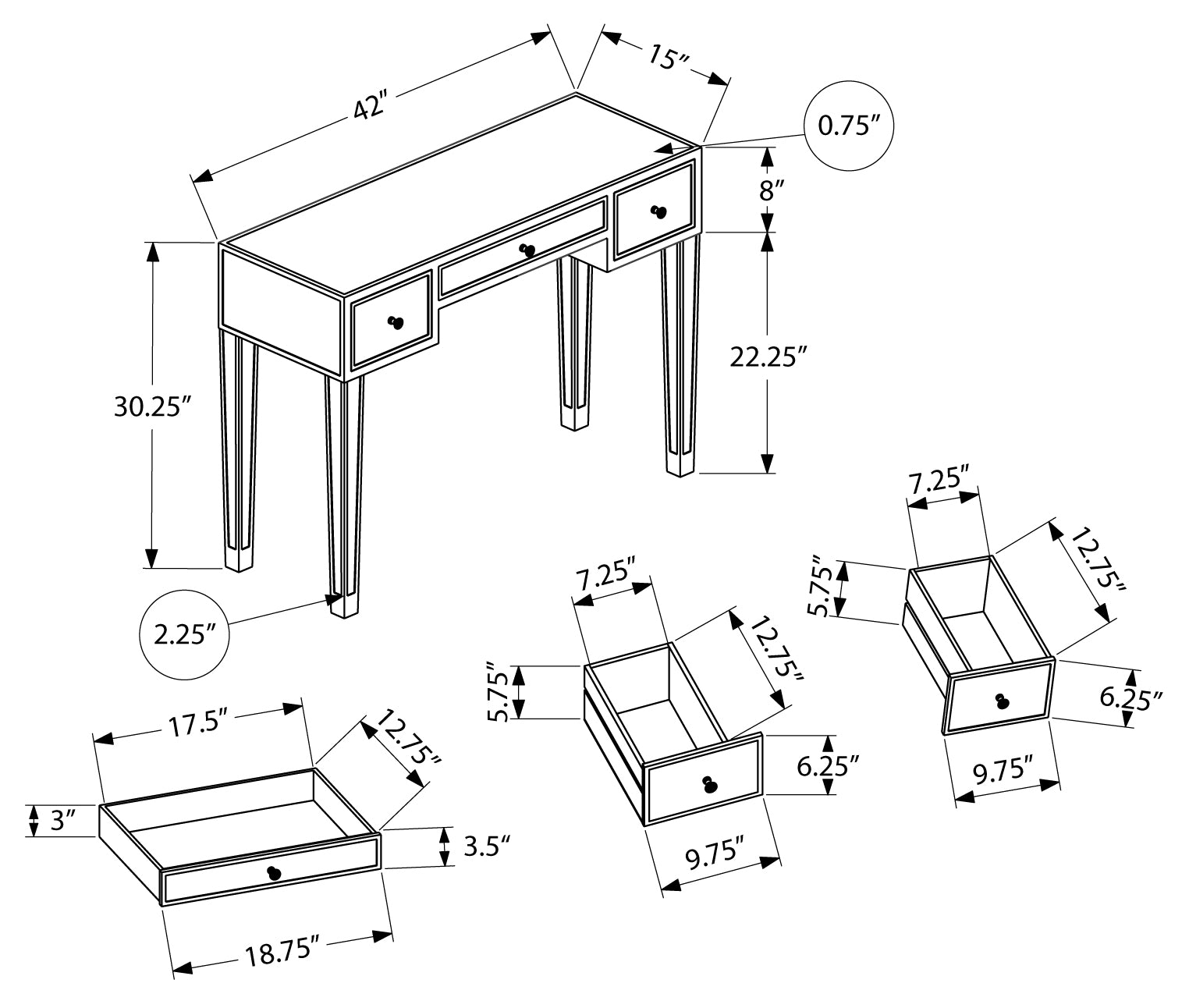TABLE D'APPOINT - 42"L / MIROIR / ARGENT AVEC RANGEMENT 