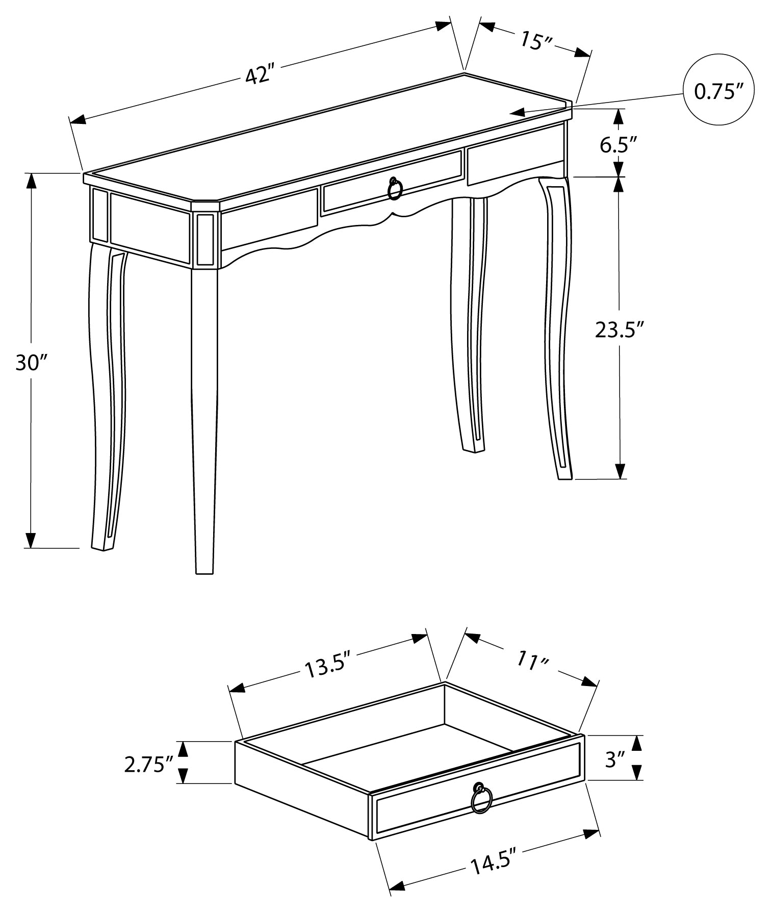 TABLE D'APPOINT - 42"L / MIROIR / ARGENT AVEC RANGEMENT 