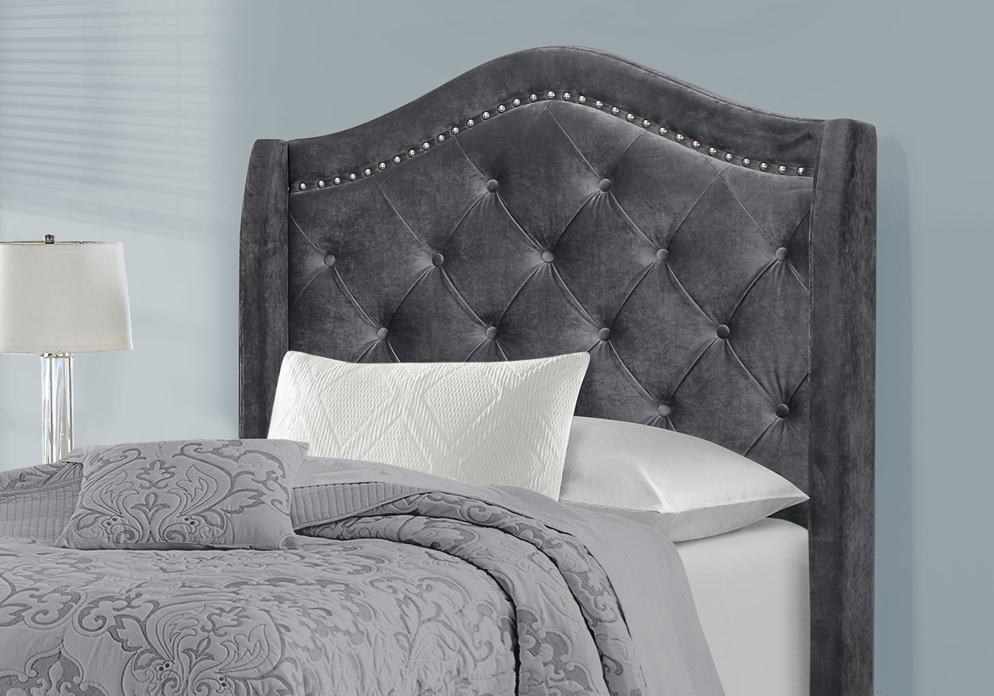 LIT - TAILLE SIMPLE / VELOURS GRIS FONCÉ AVEC BORDURES CHROMÉES 