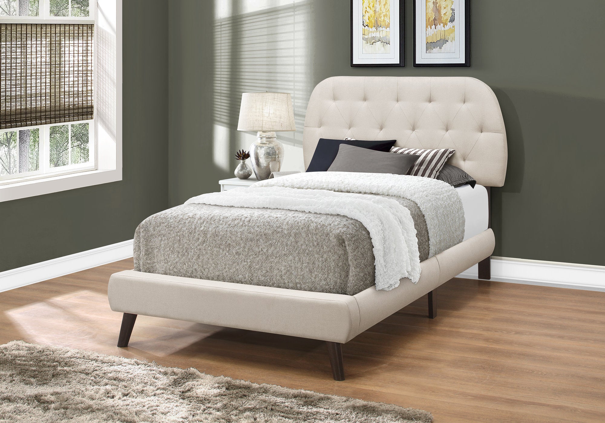 LIT - TAILLE SIMPLE / LIN BEIGE AVEC PIEDS EN BOIS MARRON 