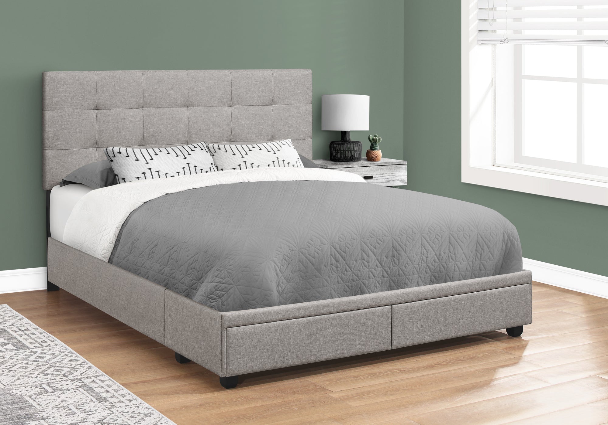 LIT - QUEEN SIZE / LIN GRIS AVEC 2 TIROIRS DE RANGEMENT 