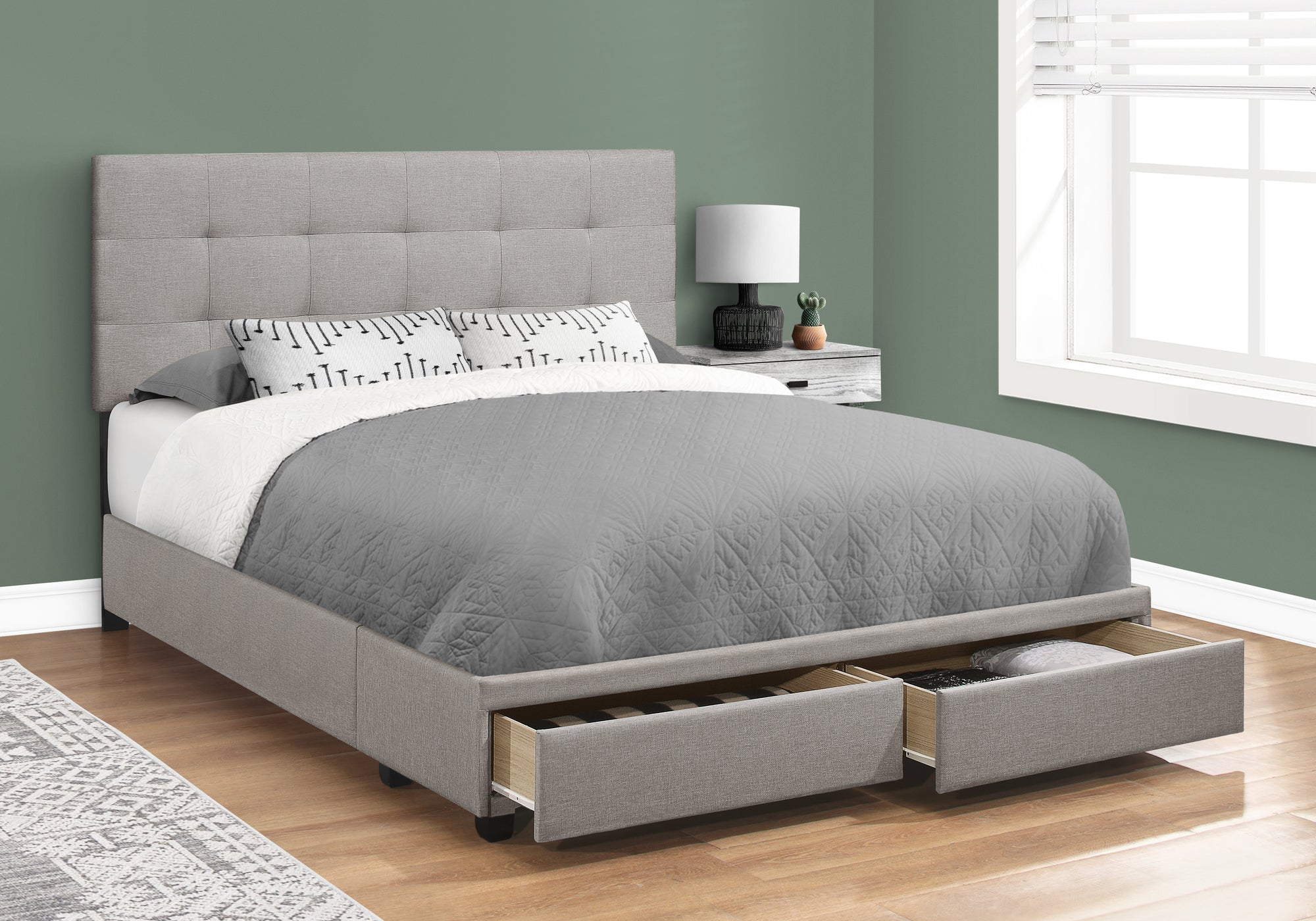 LIT - QUEEN SIZE / LIN GRIS AVEC 2 TIROIRS DE RANGEMENT 