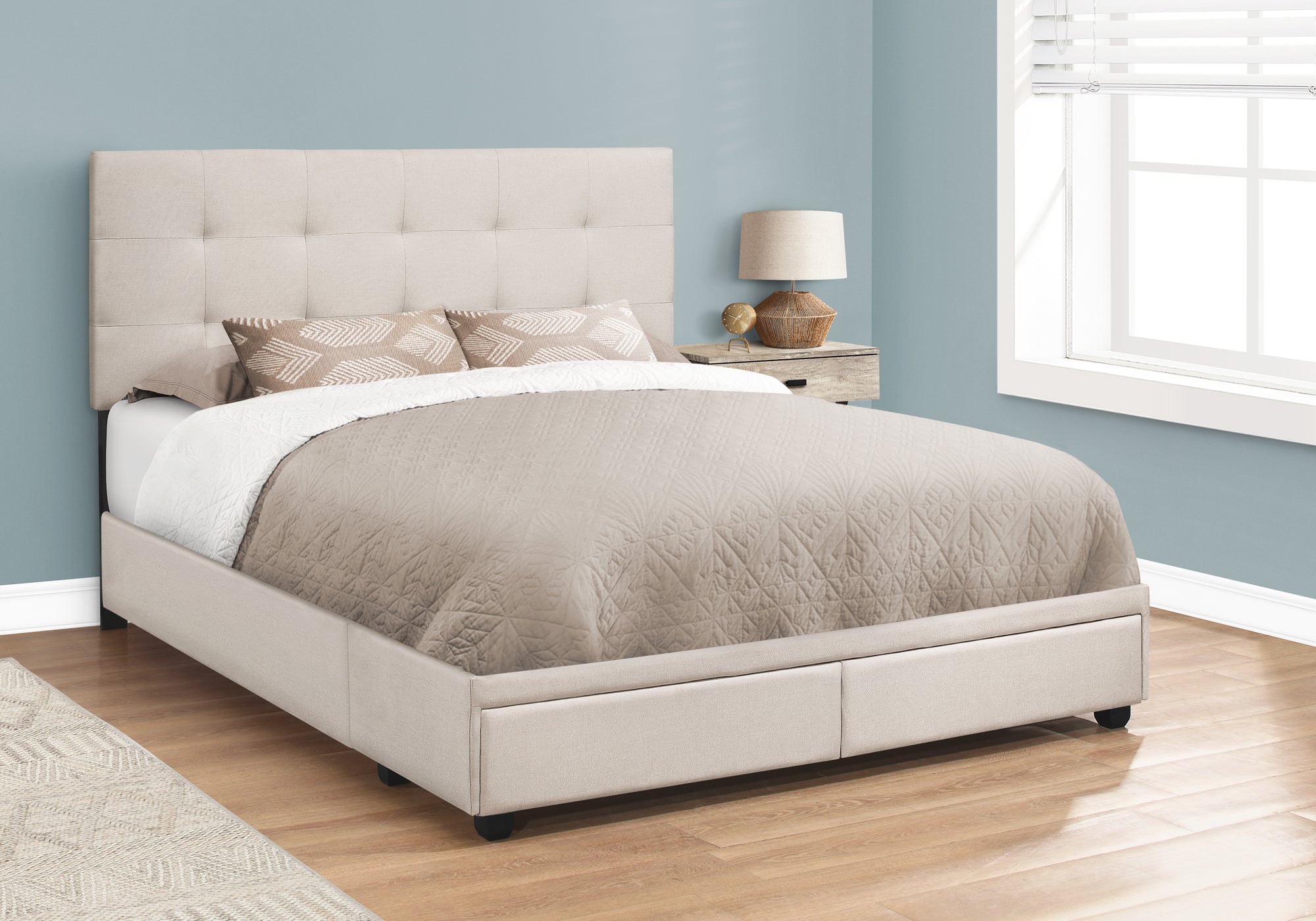 LIT - QUEEN / LIN BEIGE AVEC 2 TIROIRS DE RANGEMENT 