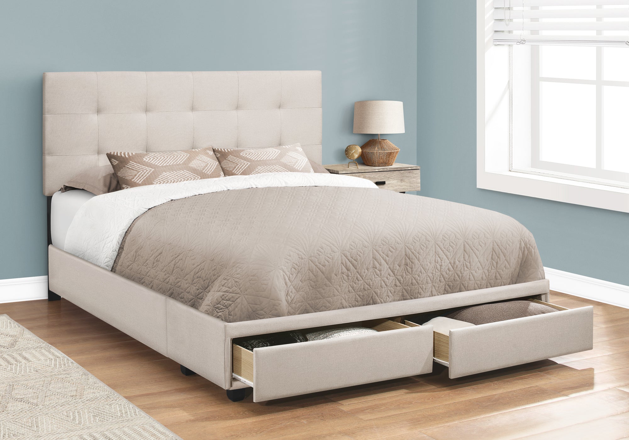 LIT - QUEEN / LIN BEIGE AVEC 2 TIROIRS DE RANGEMENT 