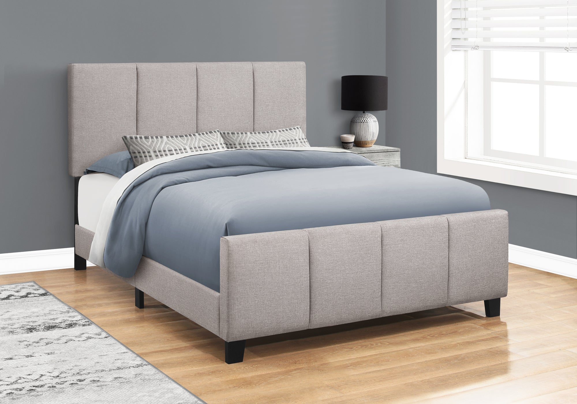 LIT - QUEEN SIZE / LIN GRIS AVEC PIEDS EN BOIS NOIR 
