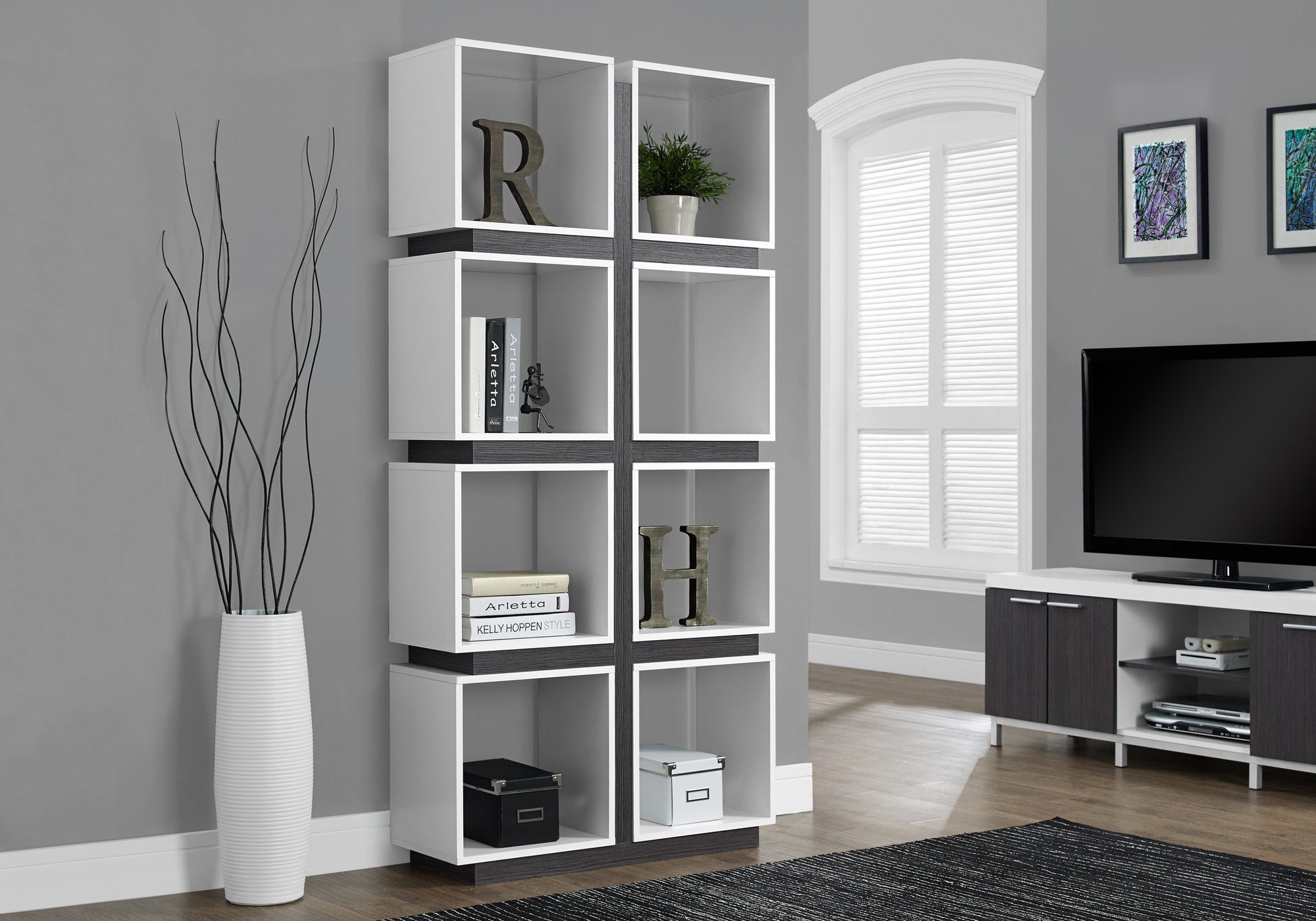 BIBLIOTHÈQUE - 71"H / BLANC / GRIS 