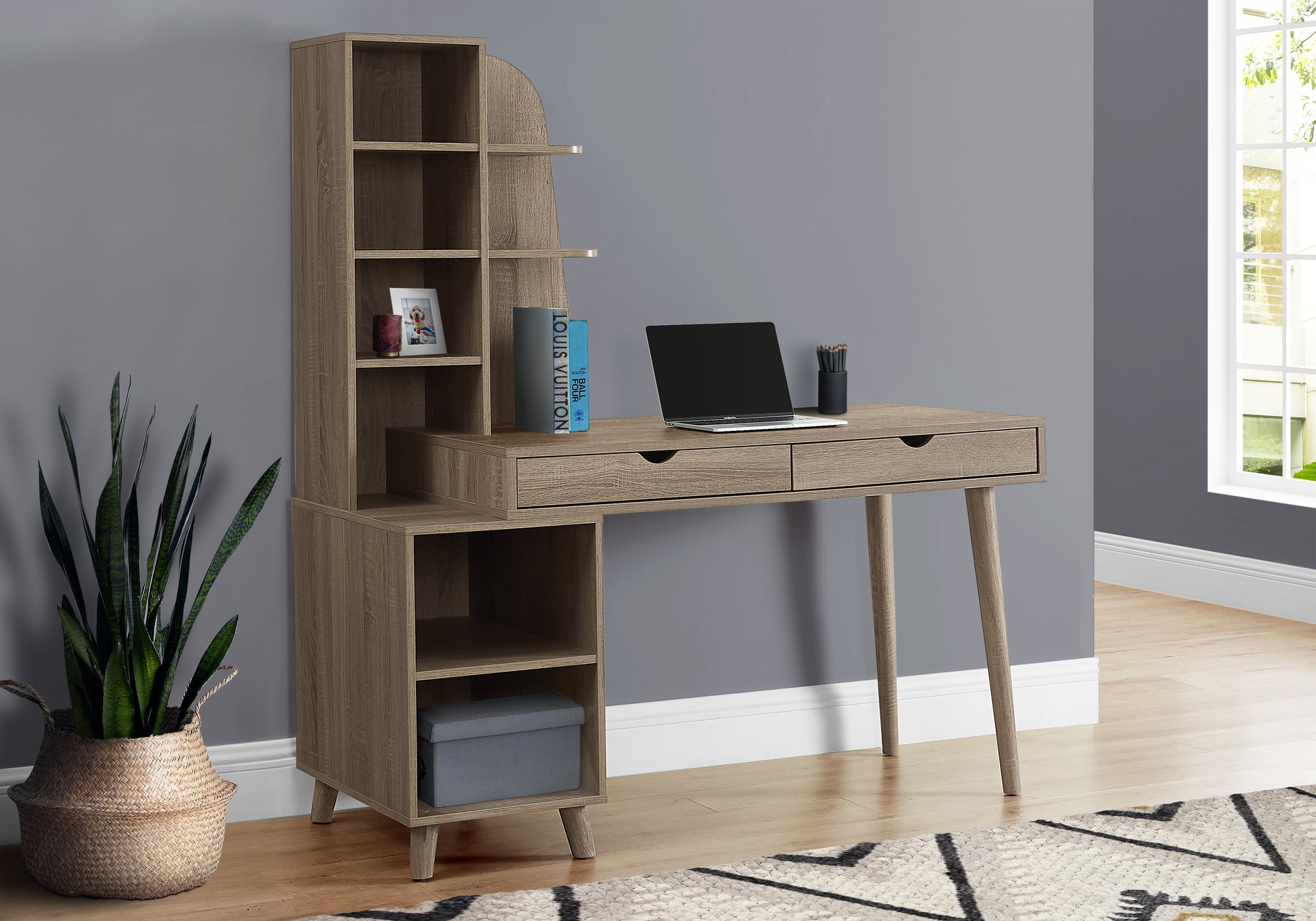 BUREAU D'ORDINATEUR - 55"L / TAUPE FONCÉ AVEC BIBLIOTHÈQUE 