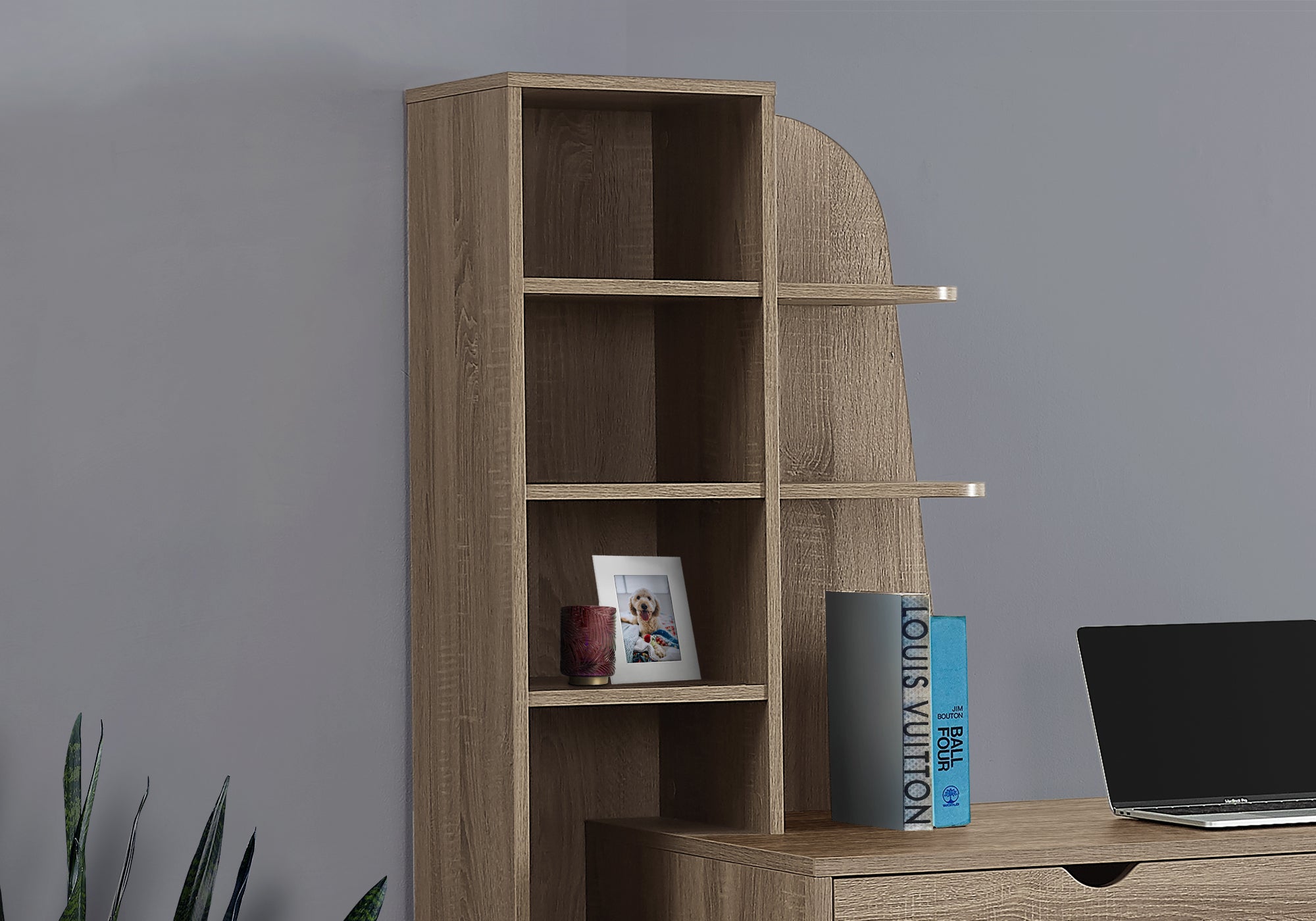 BUREAU D'ORDINATEUR - 55"L / TAUPE FONCÉ AVEC BIBLIOTHÈQUE 
