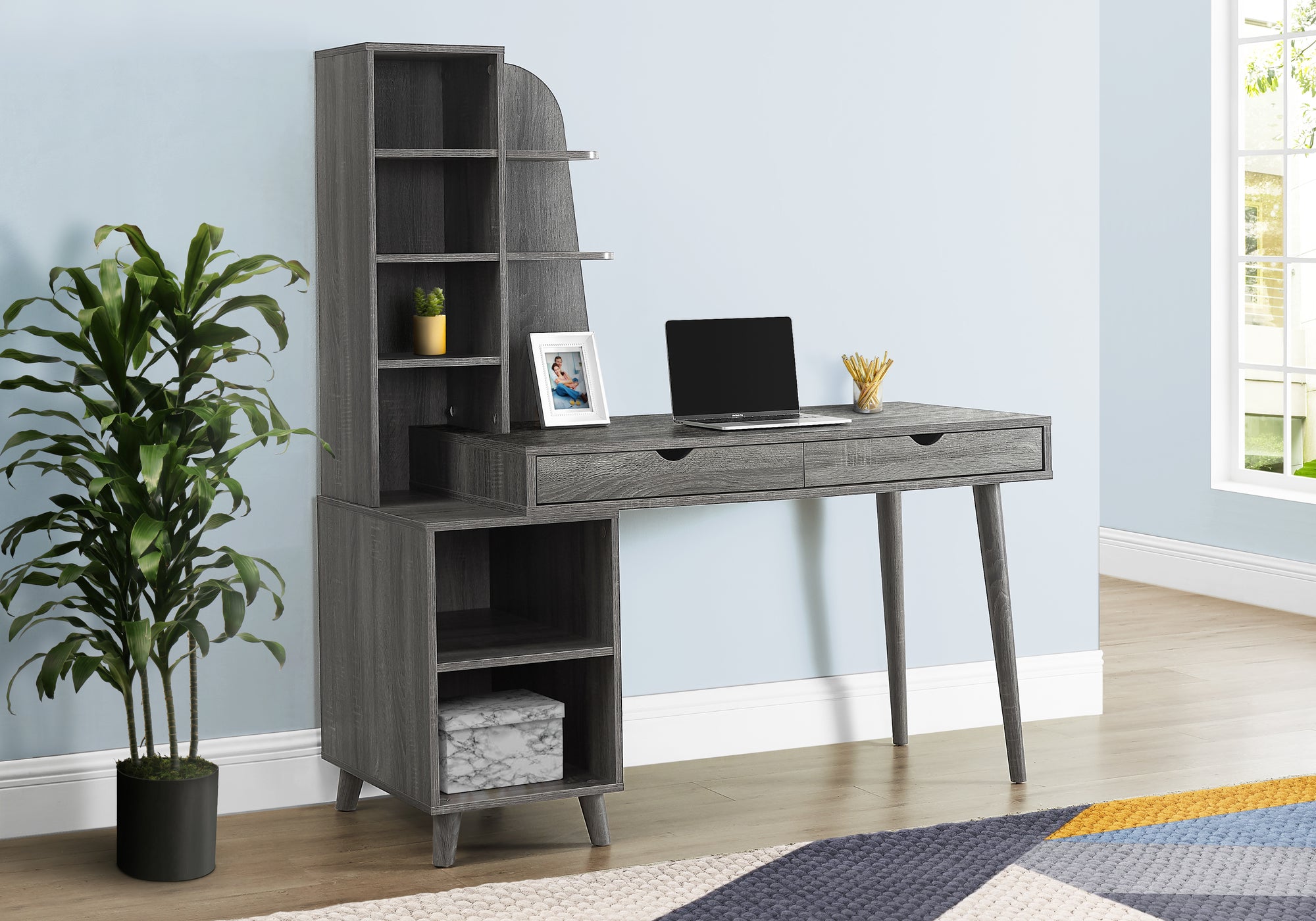 BUREAU D'ORDINATEUR - 55"L / GRIS AVEC BIBLIOTHÈQUE 