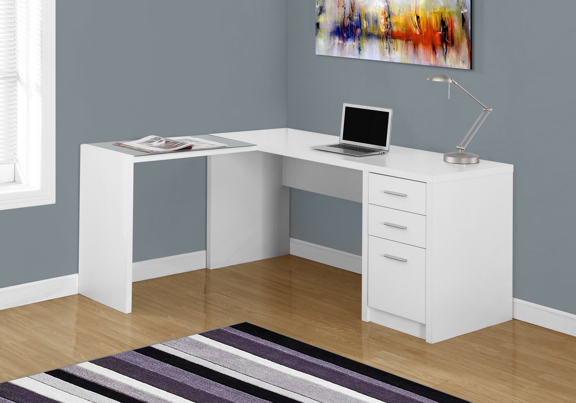 BUREAU D'ORDINATEUR - COIN BLANC AVEC VERRE TREMPÉ 