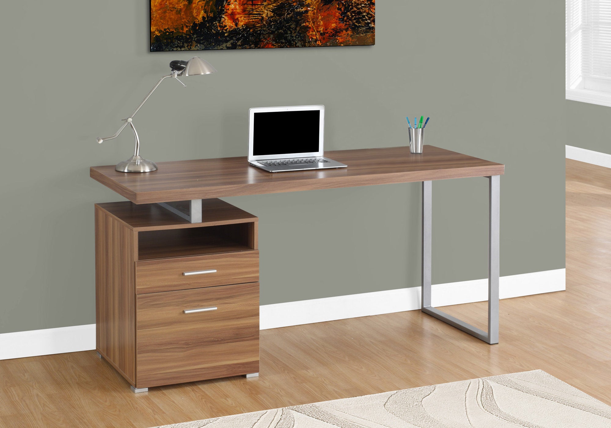 BUREAU D'ORDINATEUR - 60"L / NOYER / METAL ARGENT 