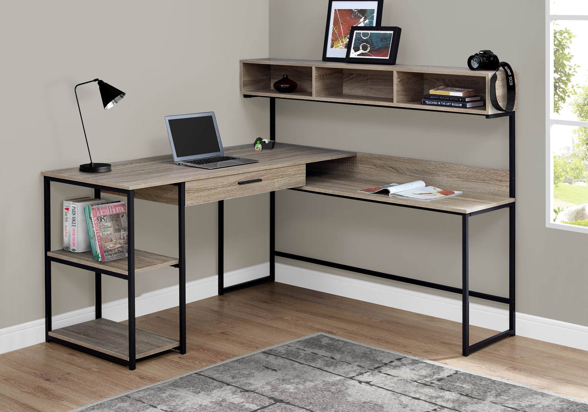 BUREAU ORDINATEUR - TAUPE FONCE / COIN METAL NOIR 