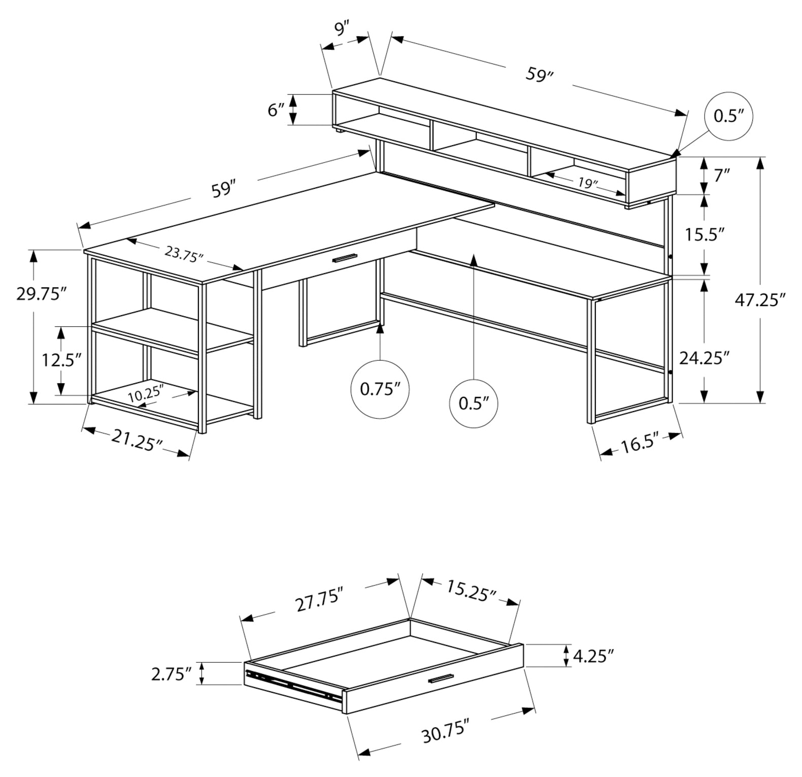 BUREAU ORDINATEUR - COIN BLANC / METAL ARGENT 