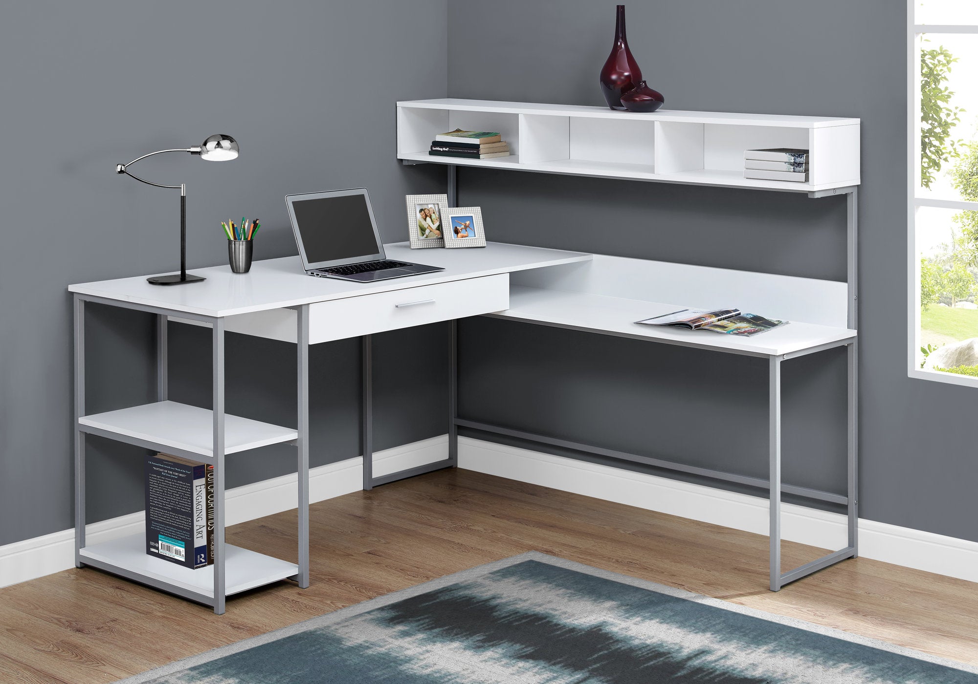 BUREAU ORDINATEUR - COIN BLANC / METAL ARGENT 