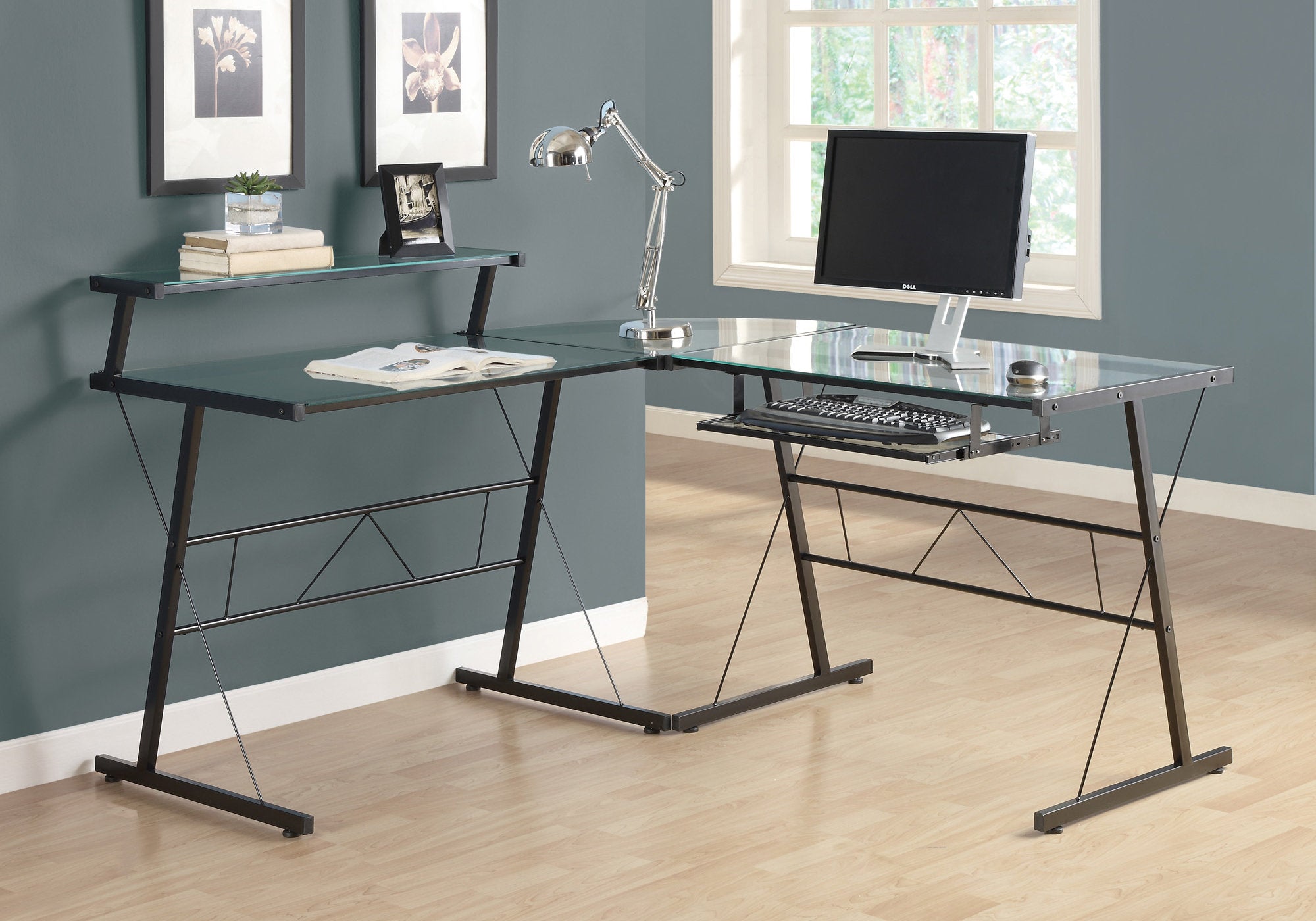 BUREAU D'ORDINATEUR - COIN EN MÉTAL NOIR AVEC VERRE TREMPÉ 