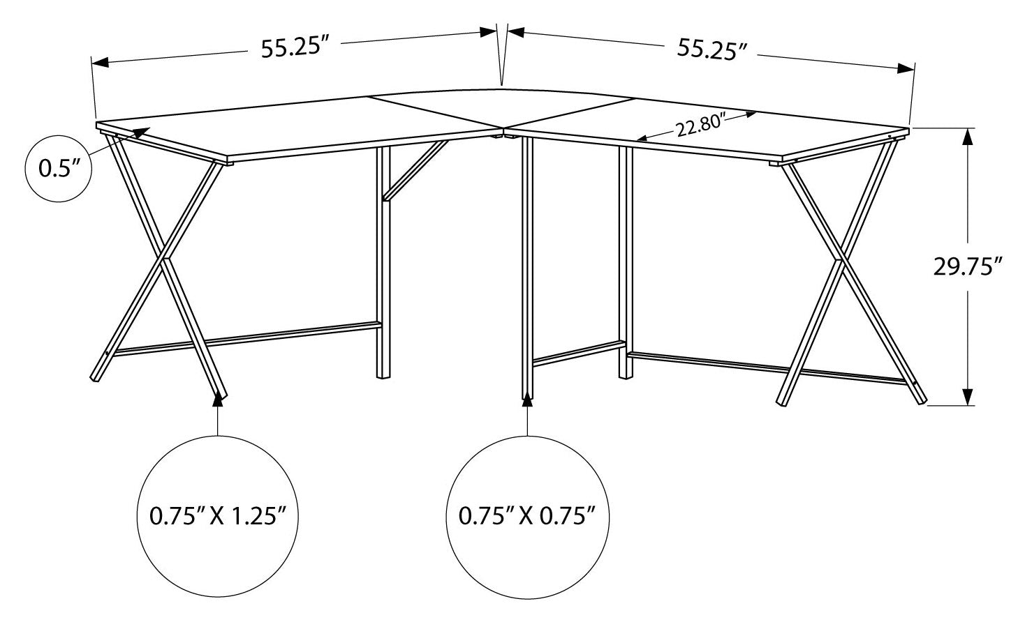 BUREAU D'ORDINATEUR - 55"L / DESSUS BLANC / COIN METAL NOIR 