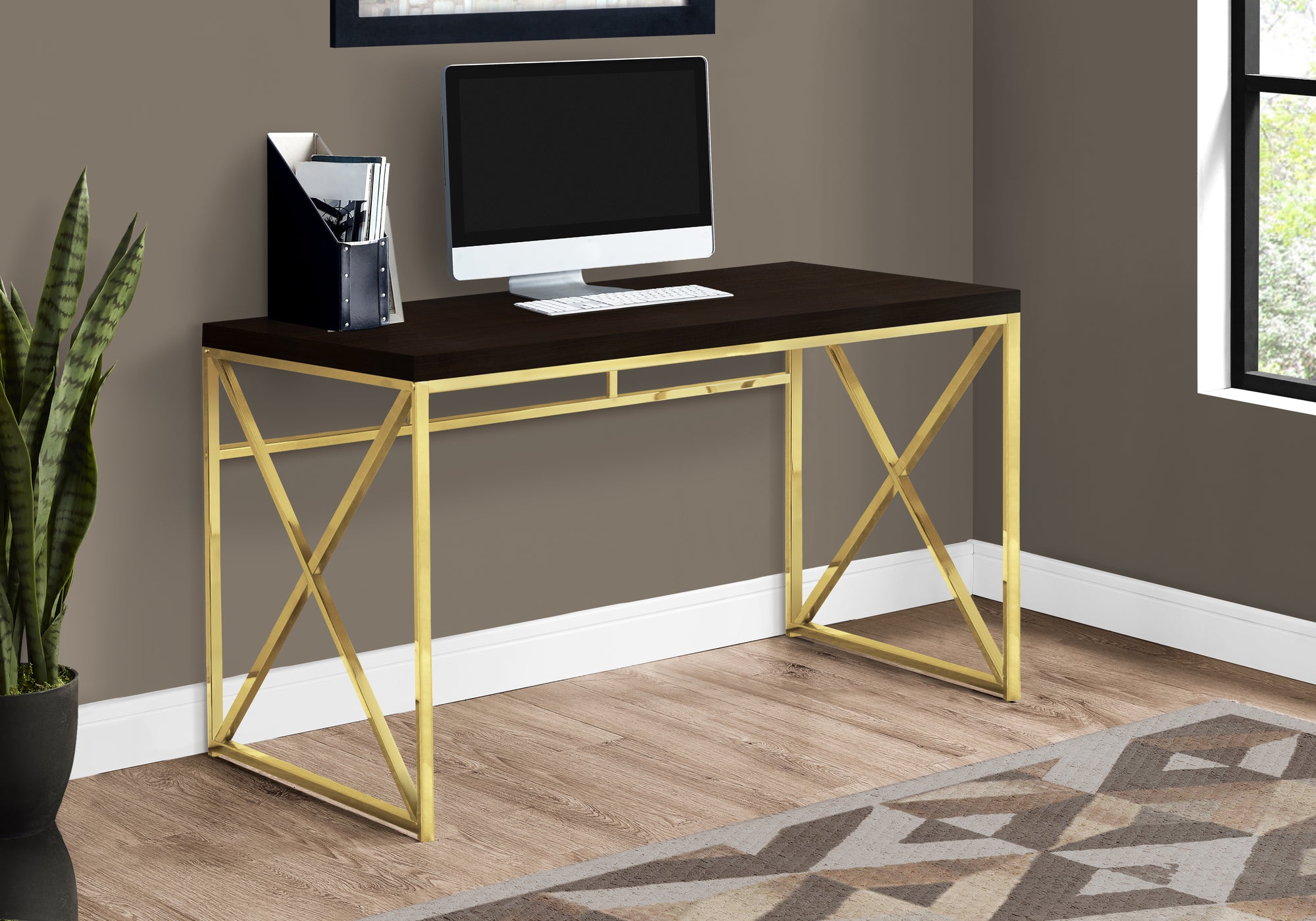 BUREAU D'ORDINATEUR - 48"L / ESPRESSO / MÉTAL DORÉ 