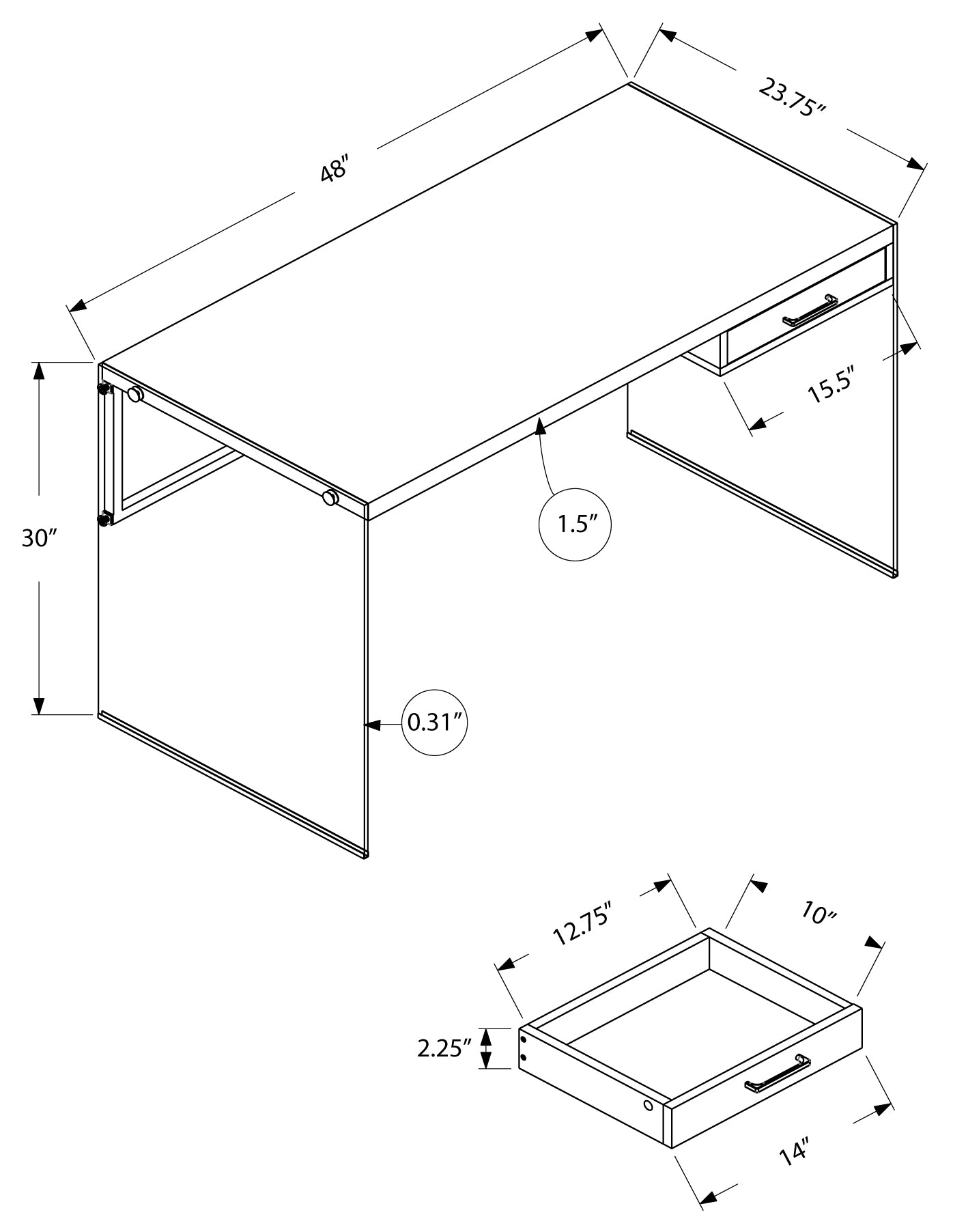 BUREAU D'ORDINATEUR - 48"L / BLANC BRILLANT / VERRE TREMPÉ 
