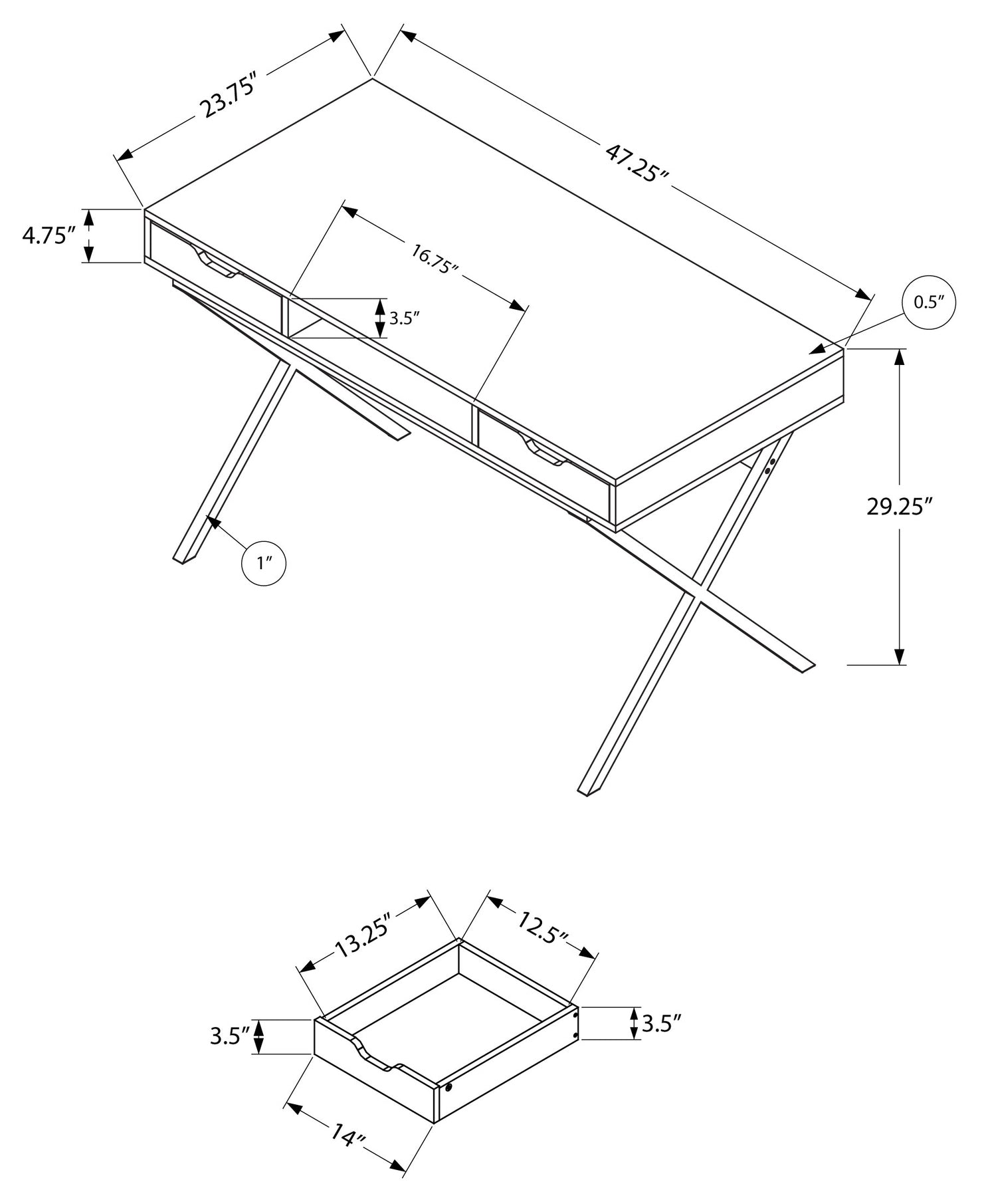 BUREAU D'ORDINATEUR - 48"L / ESPRESSO / MÉTAL DORÉ 