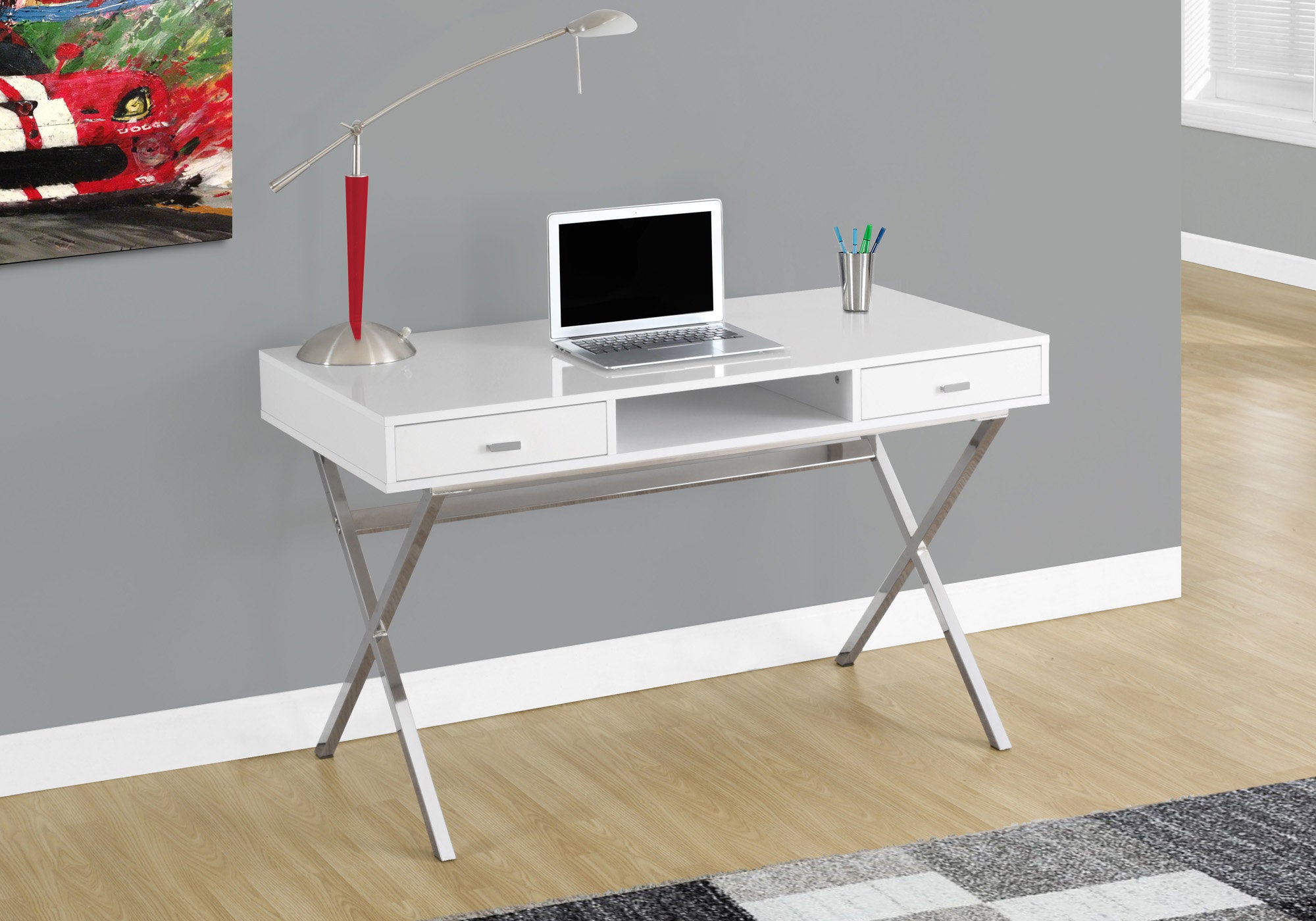 BUREAU D'ORDINATEUR - 48"L / BLANC BRILLANT / METAL CHROME 