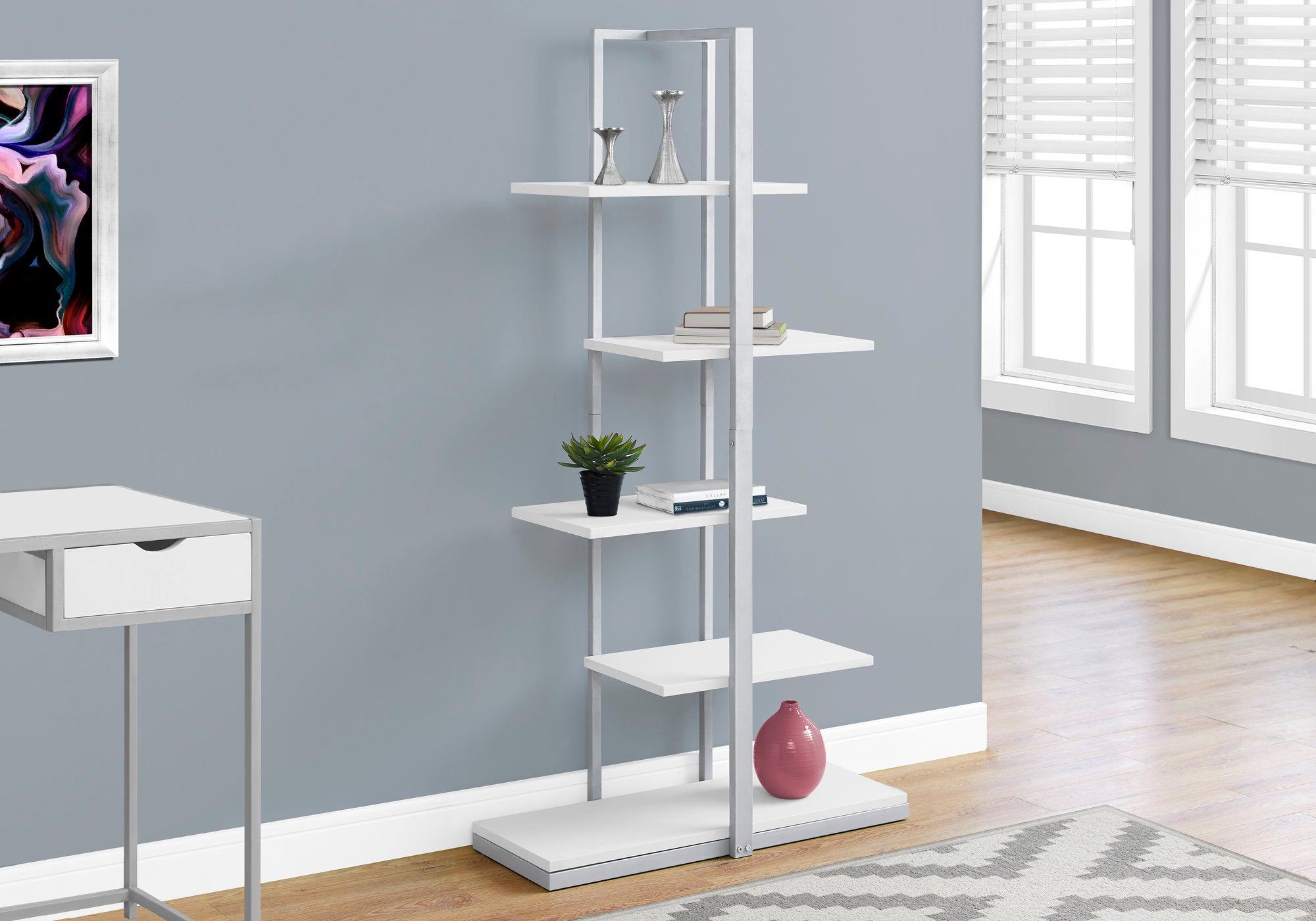 BIBLIOTHÈQUE - 60"H / BLANC / METAL ARGENT