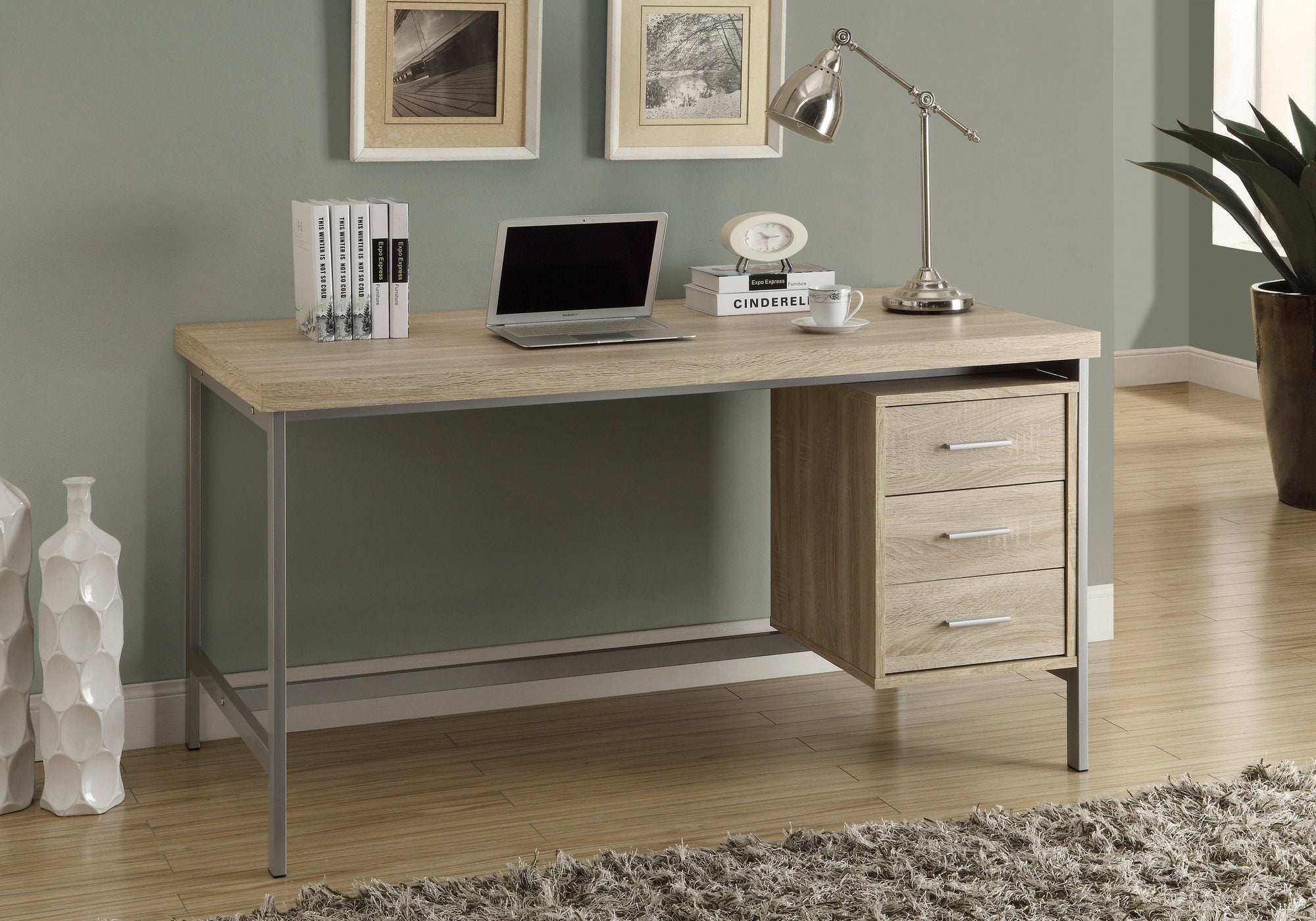 BUREAU D'ORDINATEUR - 60"L / NATUREL AVEC METAL ARGENT 