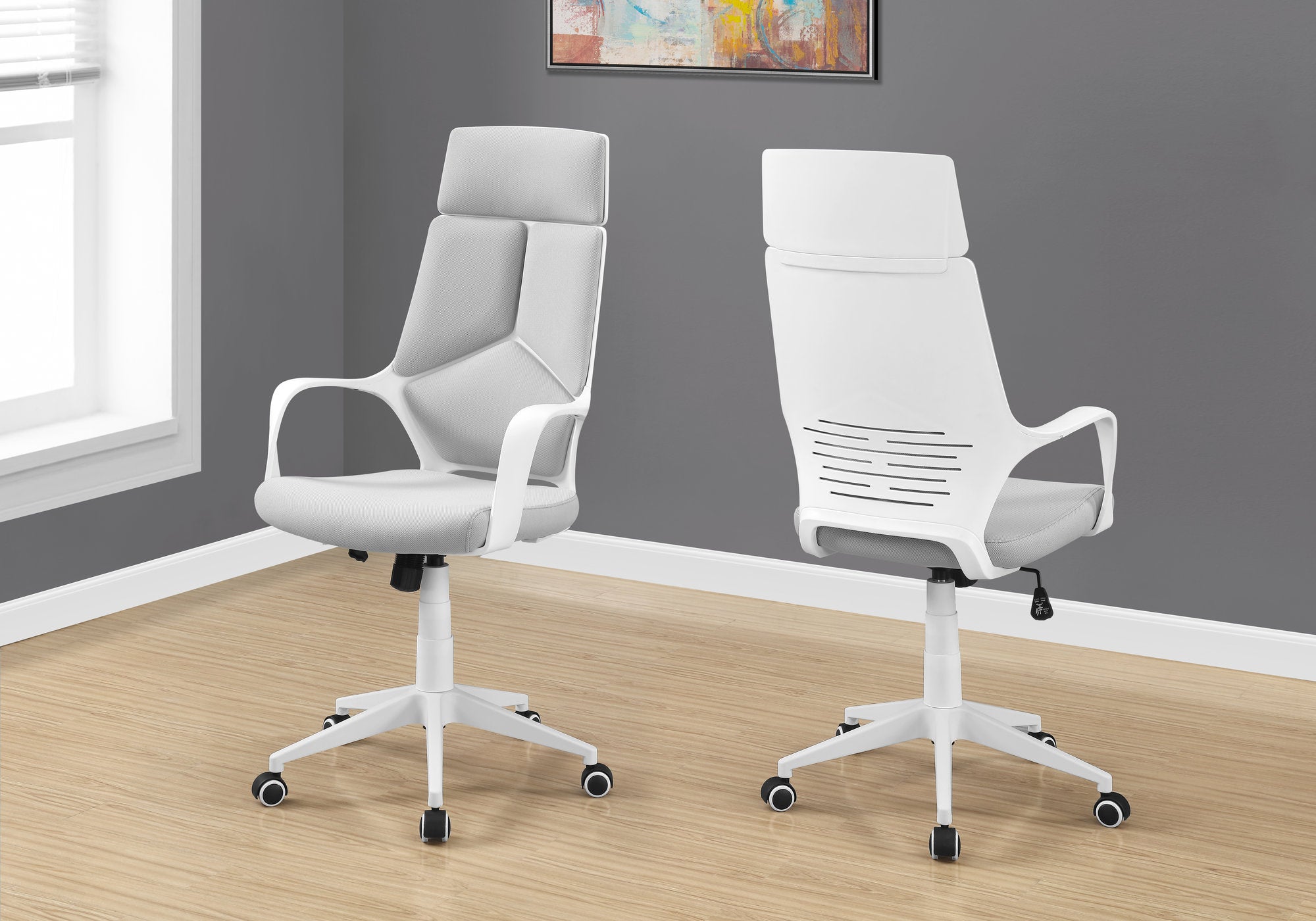 CHAISE DE BUREAU - BLANCHE / TISSU GRIS / DOSSIER HAUT EXÉCUTIF 
