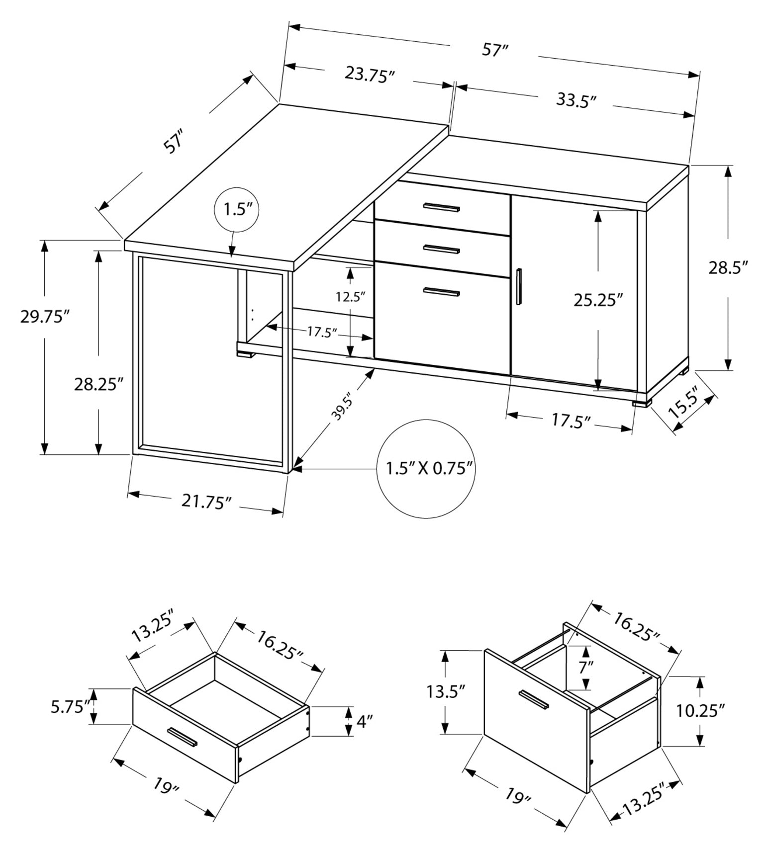 BUREAU D'ORDINATEUR - 60"L BLANC / ASPECT CIMENT FACE GAUCHE/DROITE 