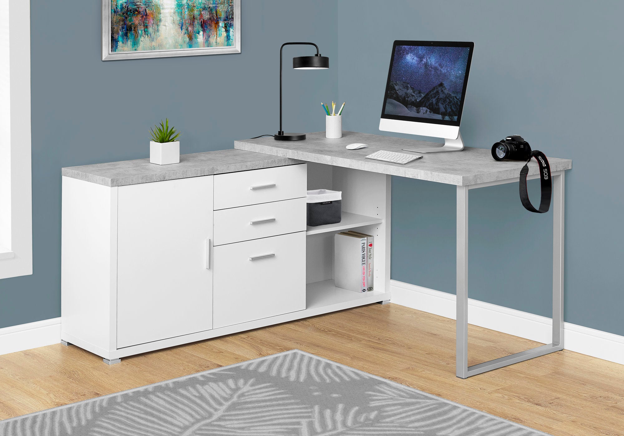 BUREAU D'ORDINATEUR - 60"L BLANC / ASPECT CIMENT FACE GAUCHE/DROITE 
