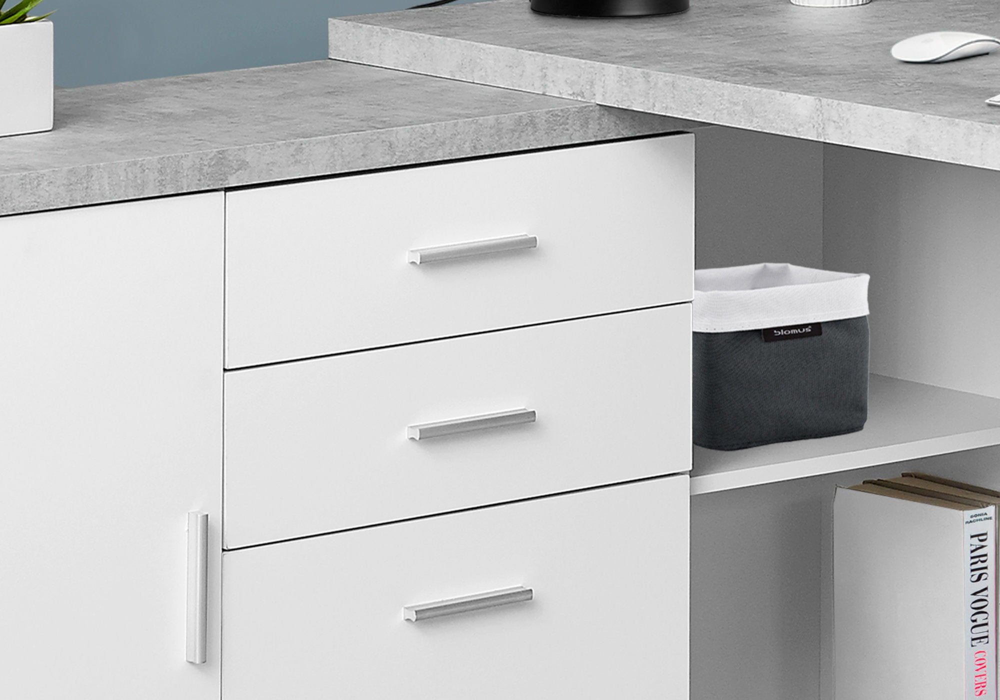 BUREAU D'ORDINATEUR - 60"L BLANC / ASPECT CIMENT FACE GAUCHE/DROITE 