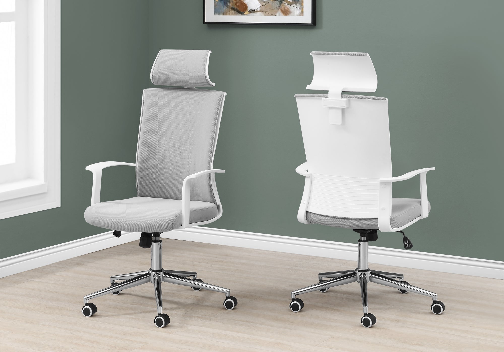 CHAISE DE BUREAU - BLANCHE / TISSU GRIS / DOSSIER HAUT EXÉCUTIF 