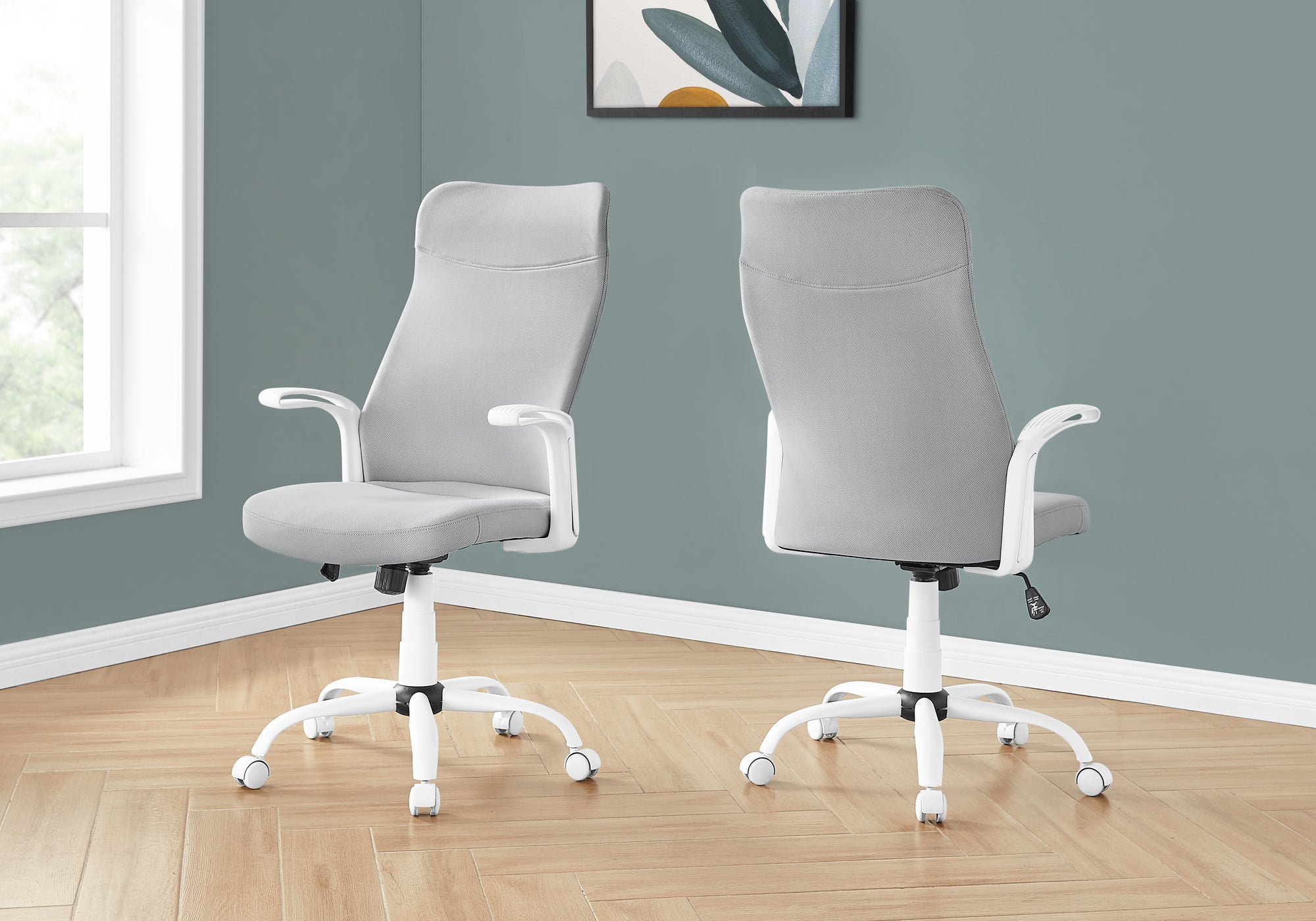 CHAISE DE BUREAU - BLANCHE / TISSU GRIS / MULTIPOSITIONS 