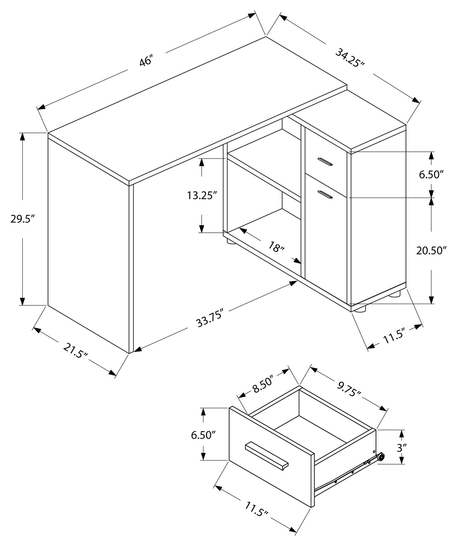 BUREAU D'ORDINATEUR - 46"L / GRIS AVEC ARMOIRE DE RANGEMENT 