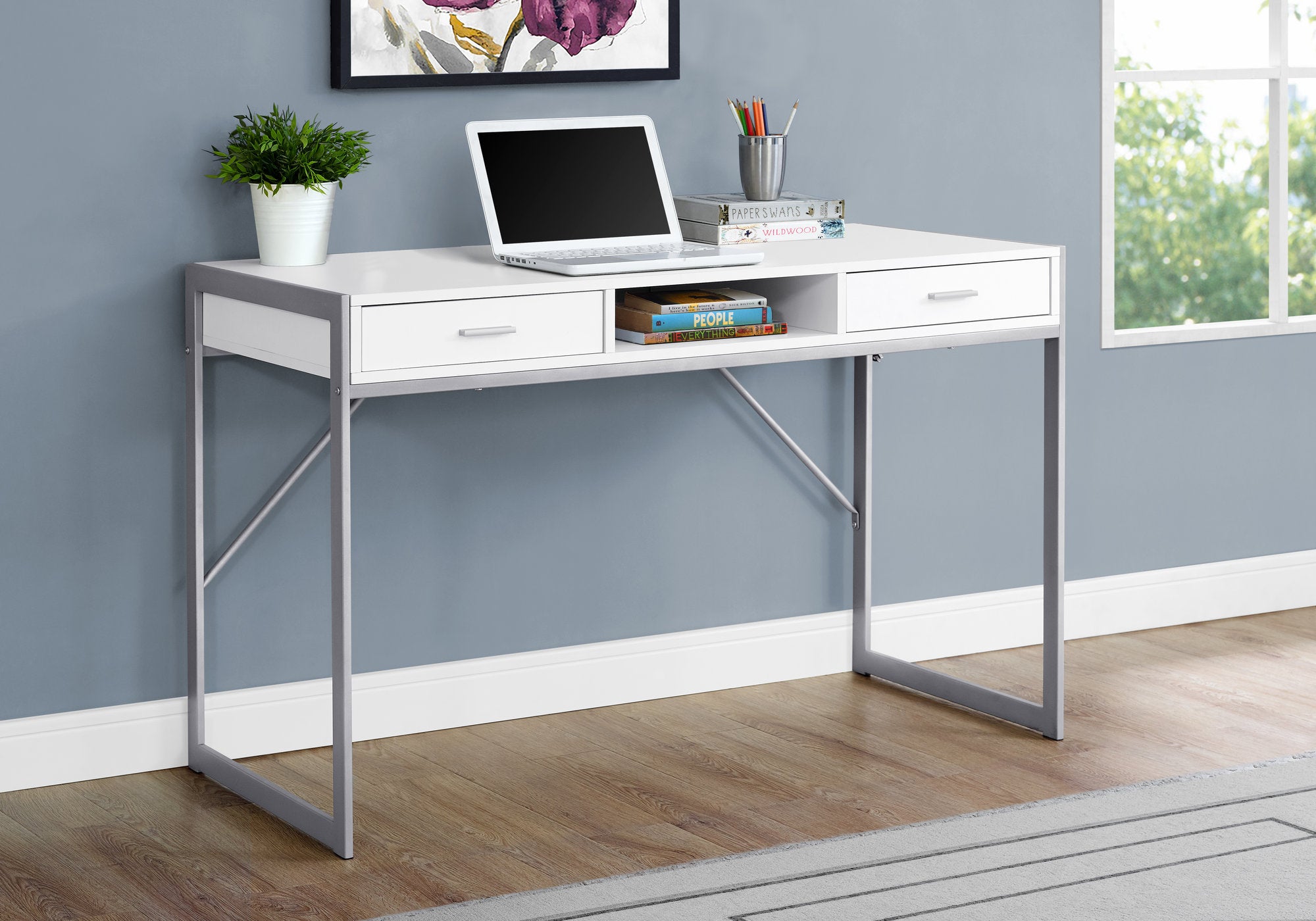 BUREAU D'ORDINATEUR - 48"L / BLANC / METAL ARGENT 