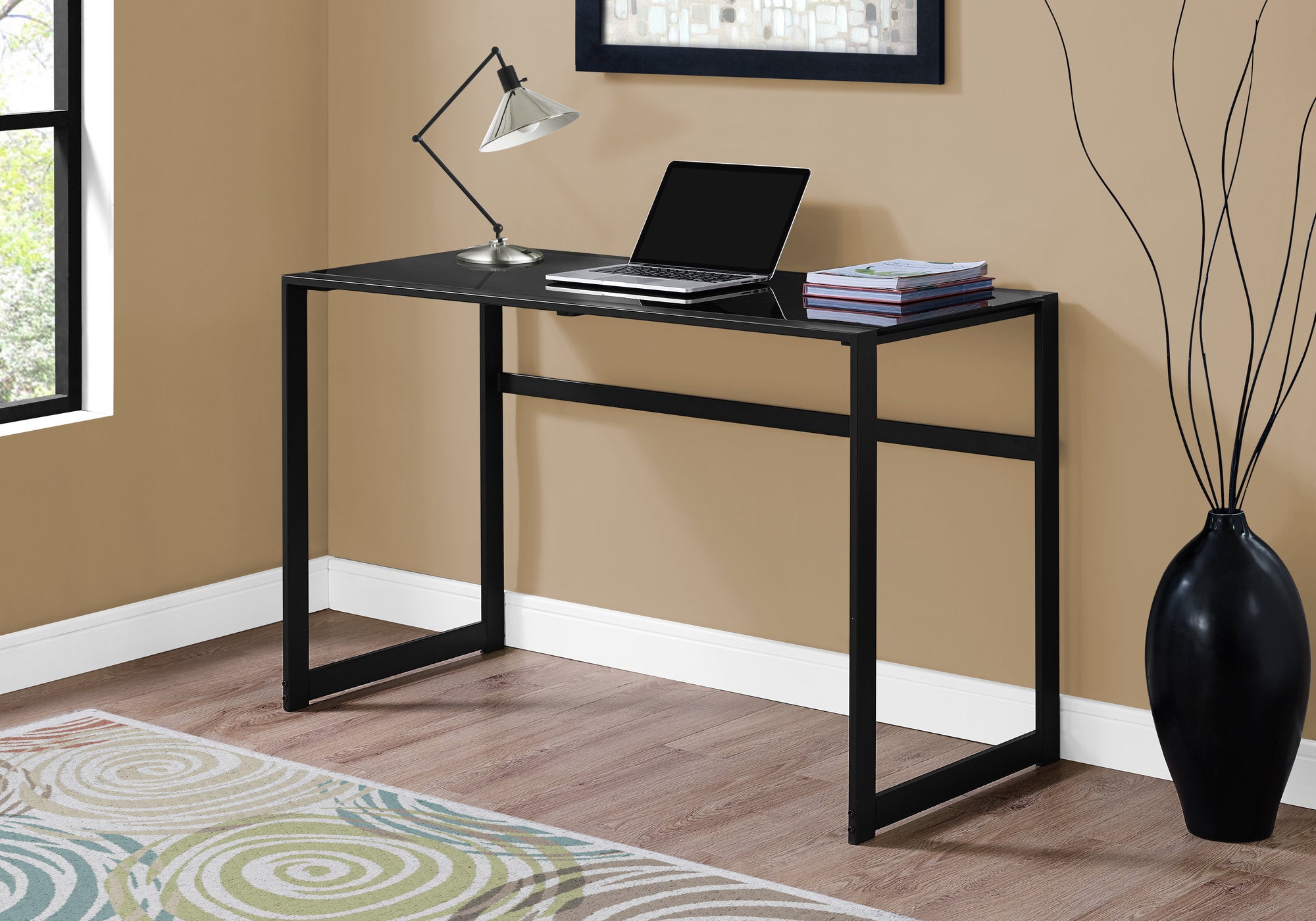 BUREAU D'ORDINATEUR - 48"L / MÉTAL NOIR / VERRE TREMPÉ NOIR 