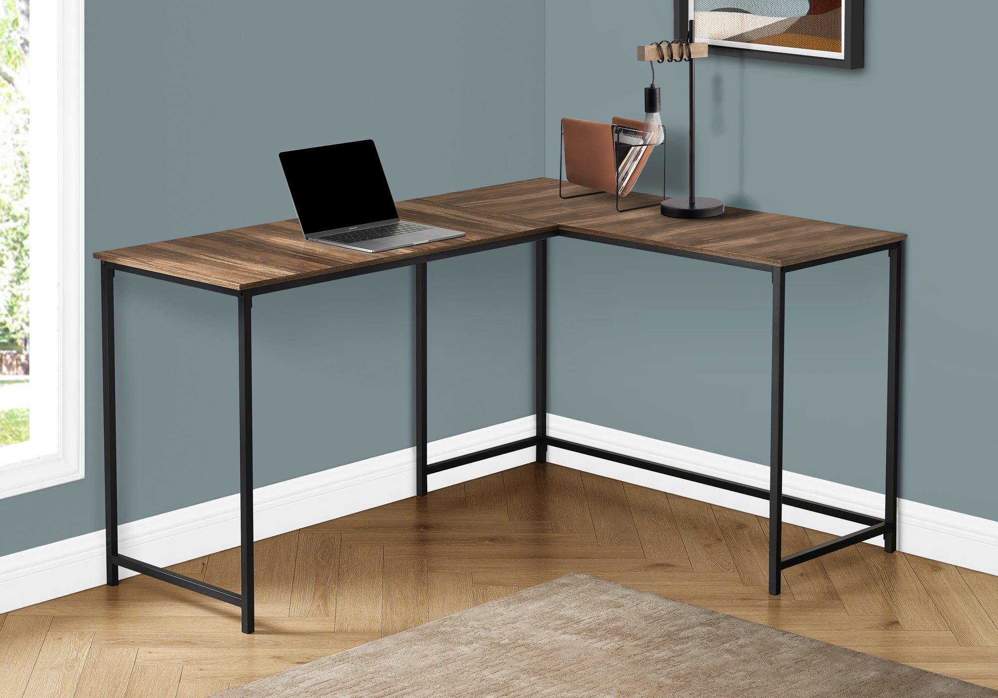 BUREAU D'ORDINATEUR - 58"L/ RÉCUPÉRATION BRUN/ COIN MÉTAL NOIR