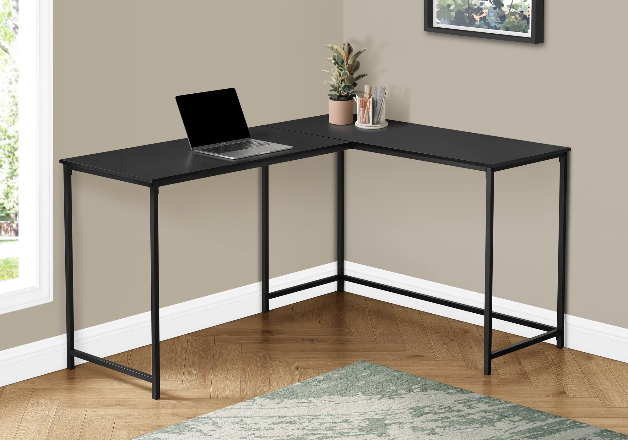 BUREAU D'ORDINATEUR - 58"L / DESSUS NOIR / COIN METAL NOIR