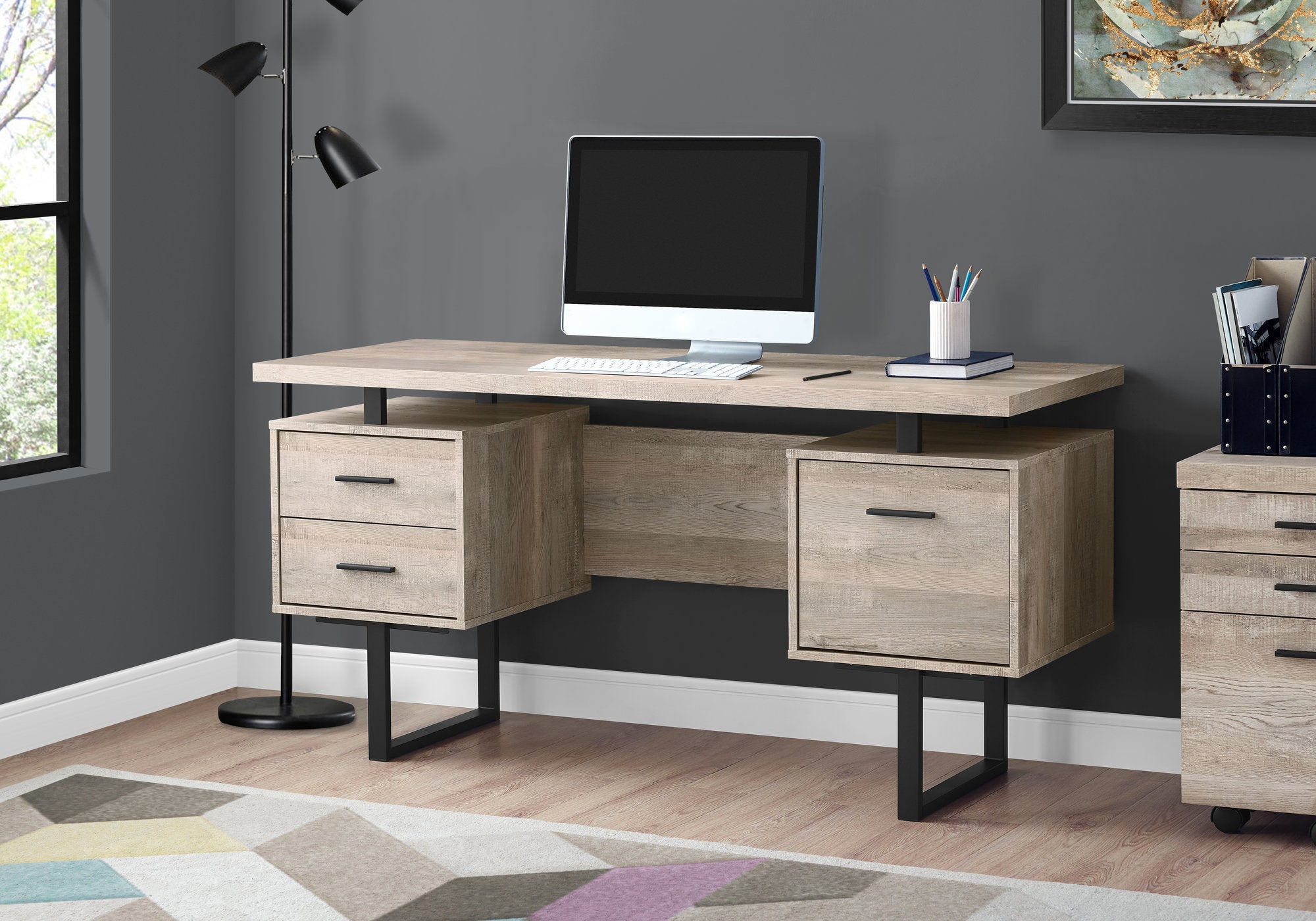 BUREAU D'ORDINATEUR - 60"L / BOIS DE RÉCUPÉRATION TAUPE / MÉTAL NOIR 
