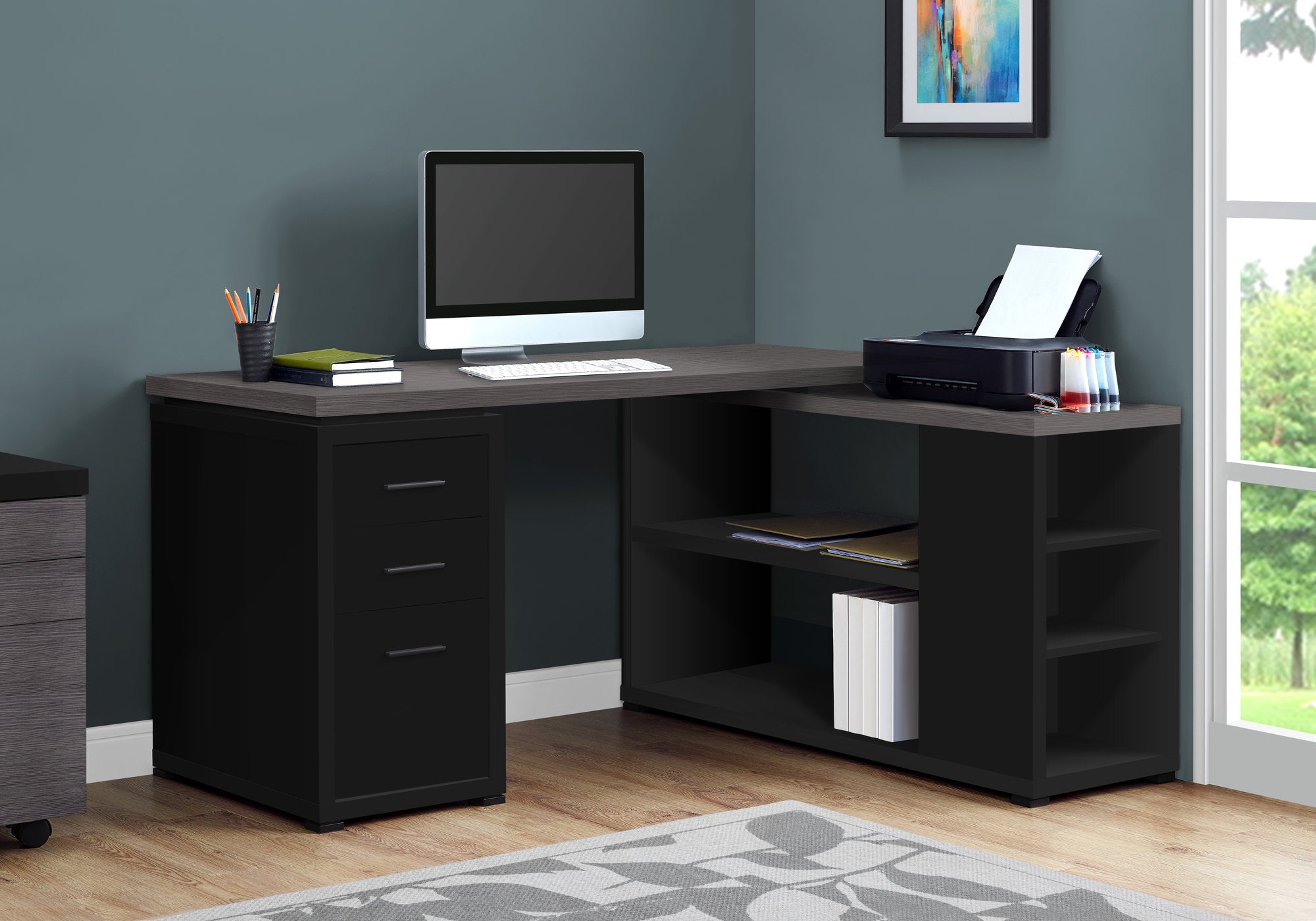 BUREAU D'ORDINATEUR - DESSUS NOIR / GRIS COIN GAUCHE/DROITE 