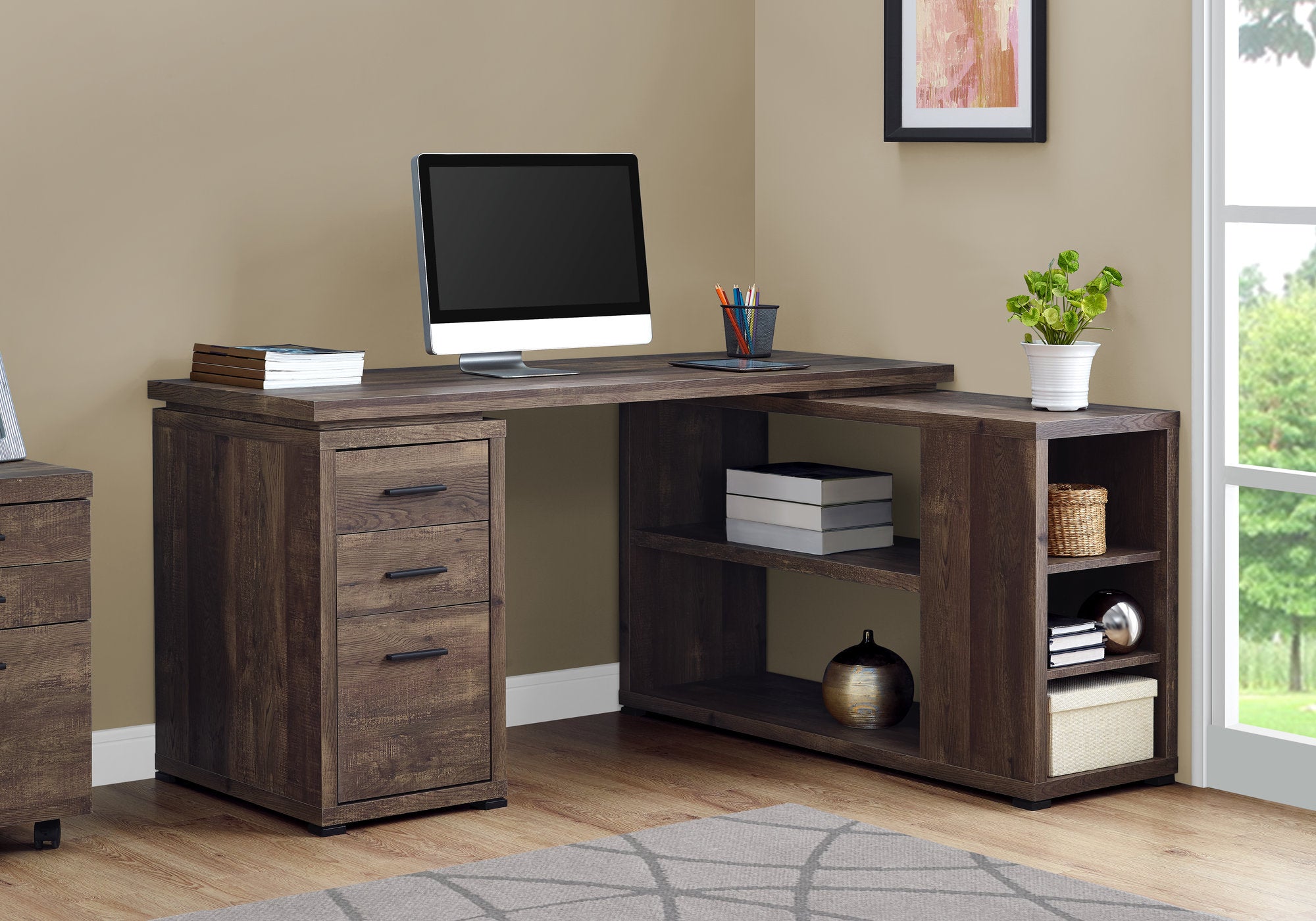 BUREAU D'ORDINATEUR - BOIS DE RÉCUPÉRATION BRUN COIN G/D FAÇADE 