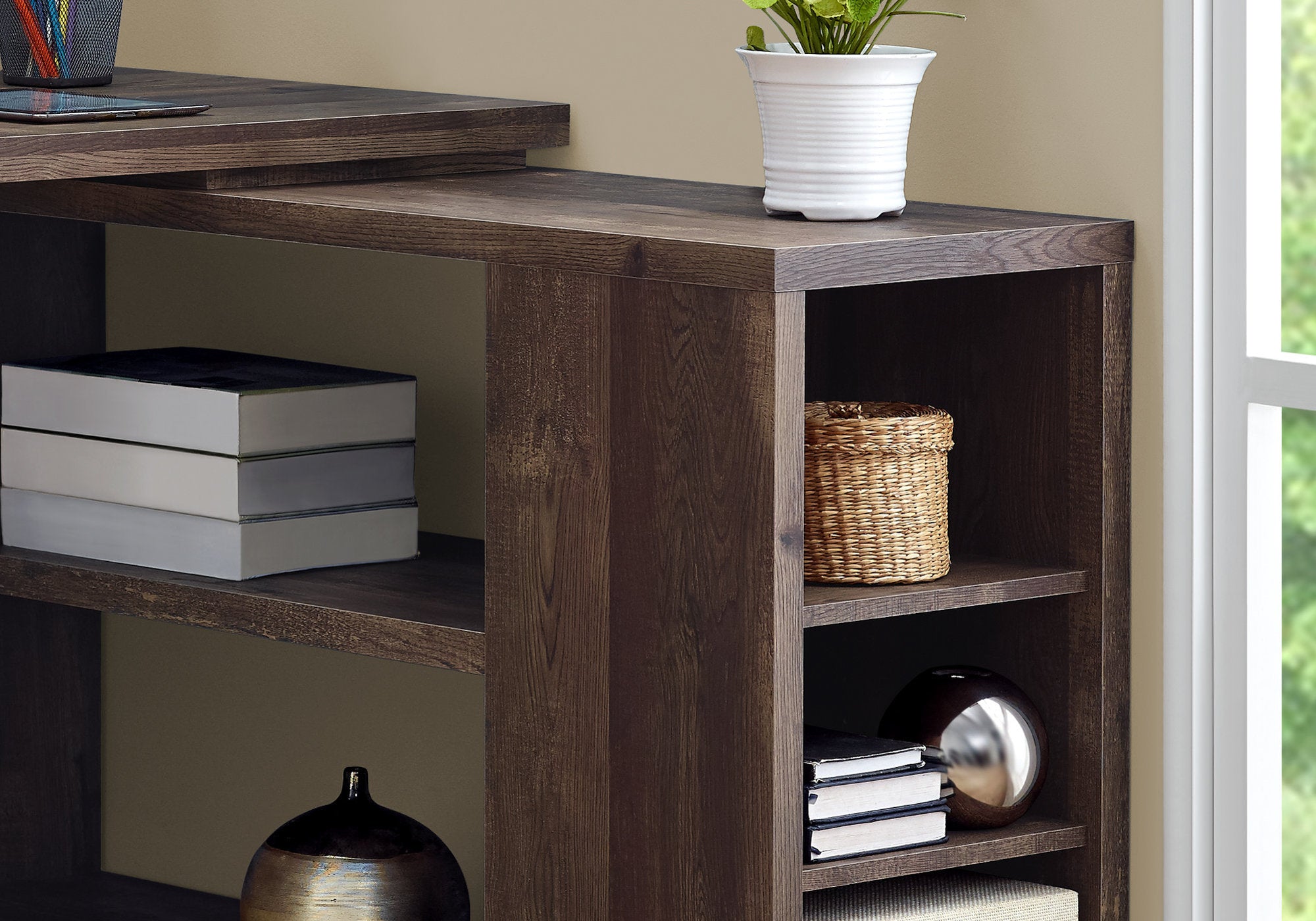 BUREAU D'ORDINATEUR - BOIS DE RÉCUPÉRATION BRUN COIN G/D FAÇADE 