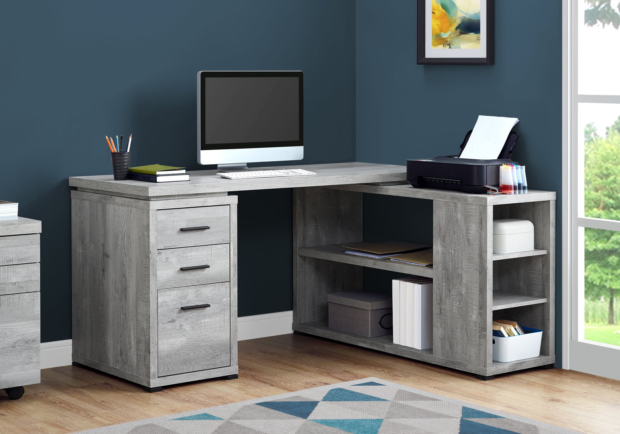 BUREAU D'ORDINATEUR - BOIS DE RÉCUPÉRATION GRIS COIN G/D 