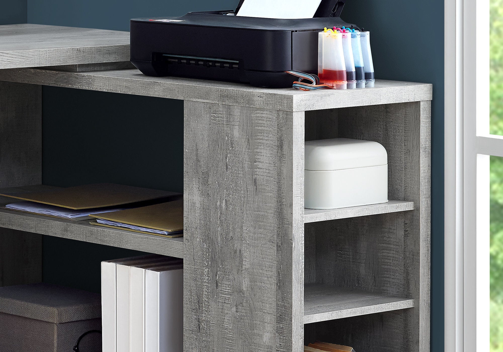 BUREAU D'ORDINATEUR - BOIS DE RÉCUPÉRATION GRIS COIN G/D 